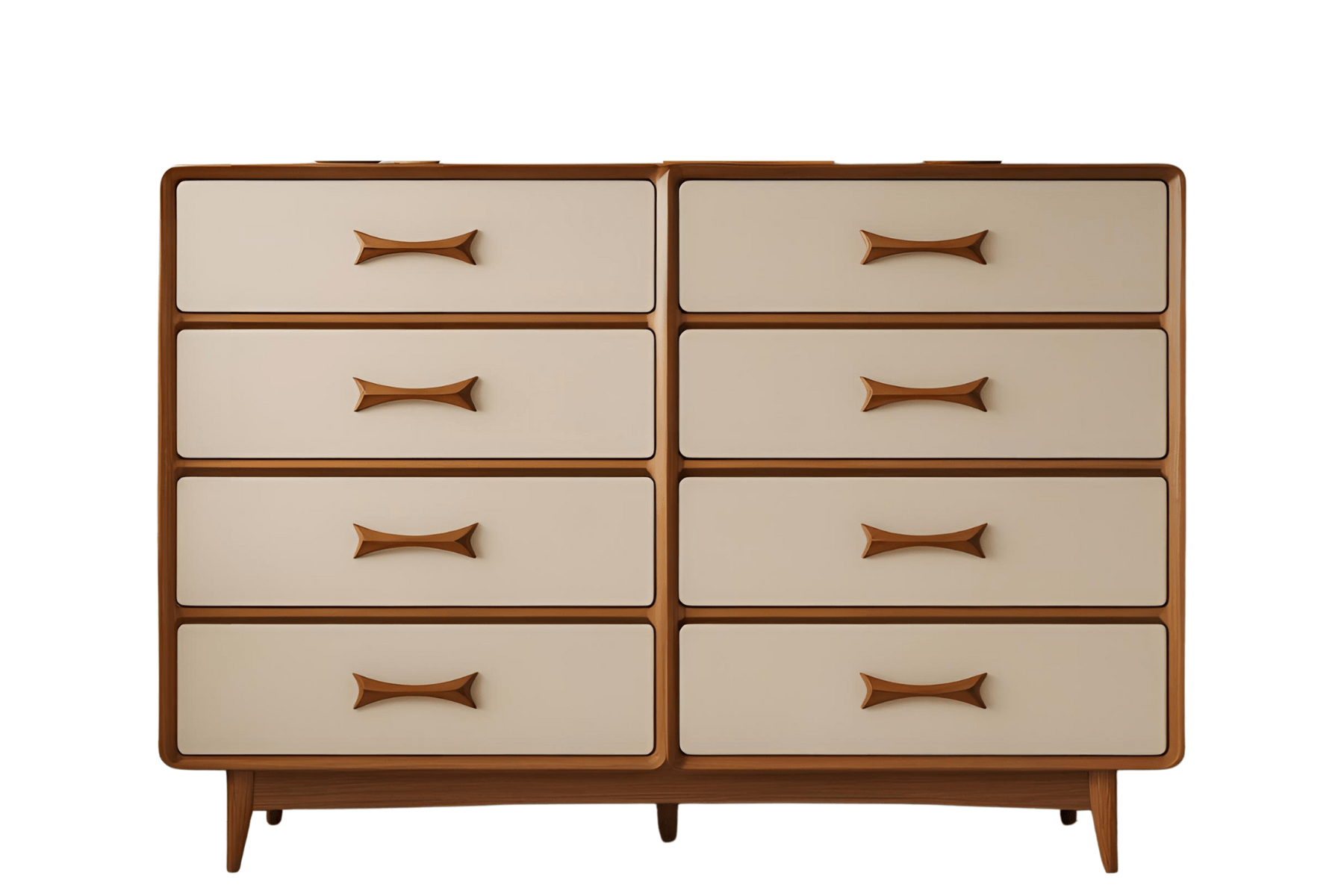 Mid-century modern dresser with six drawers, cream fronts, and wooden handles and frame, against a plain white background.