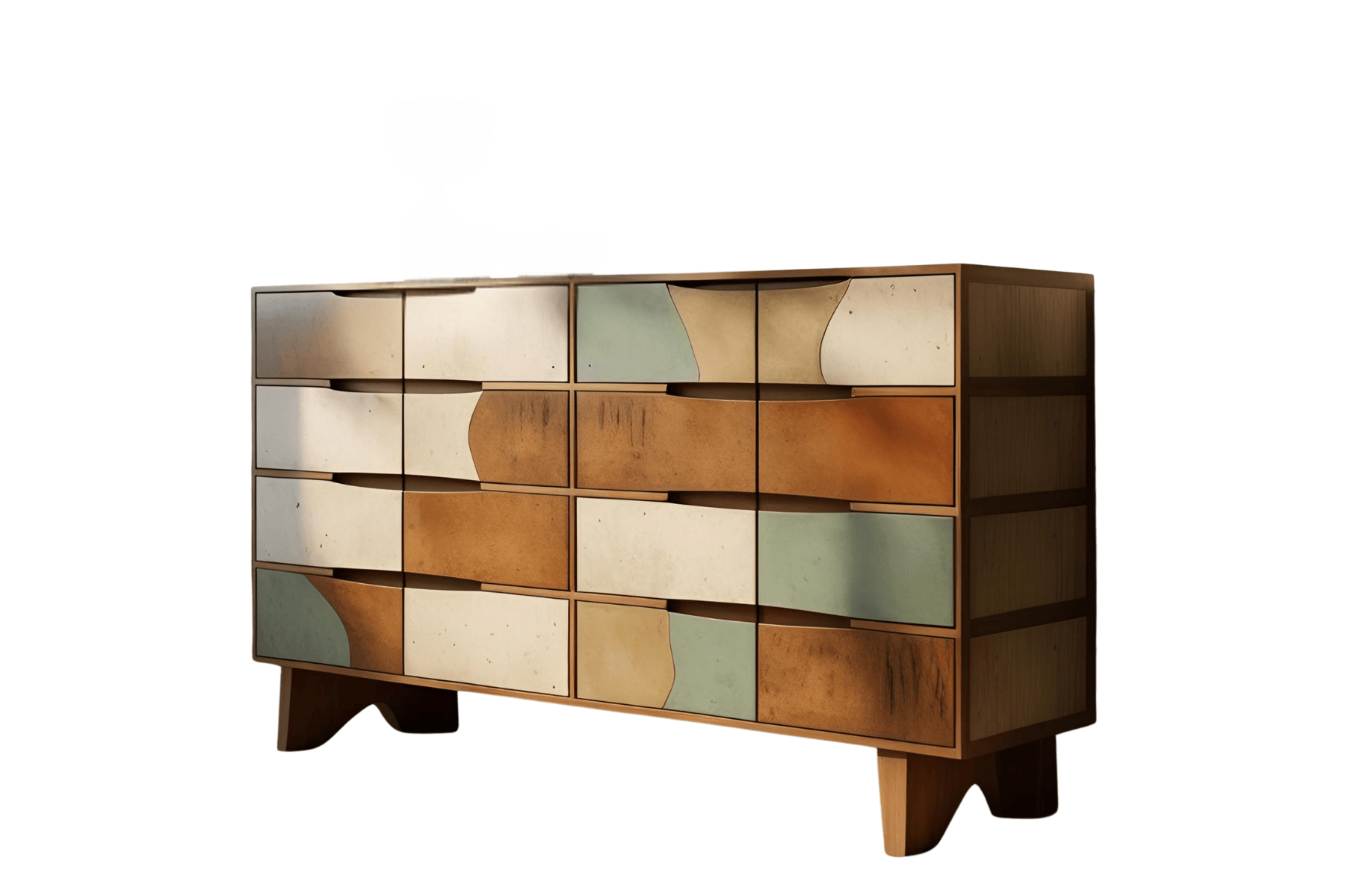 Mid-century modern wooden dresser with colorful, abstract geometric drawer fronts
