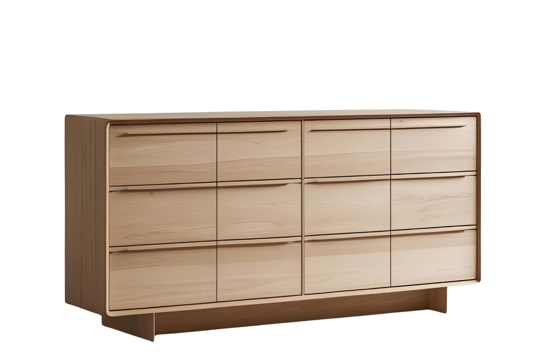 A light-colored wooden modern dresser with multiple drawers and a rounded frame design.