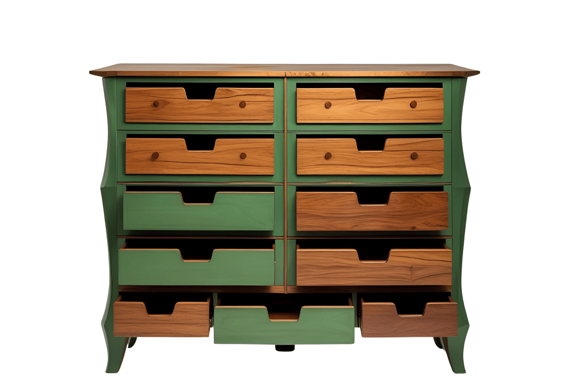 A wooden dresser with green frame and multiple drawers, some open and some closed, made of natural wood with circular wooden knobs, set against a plain white background.
