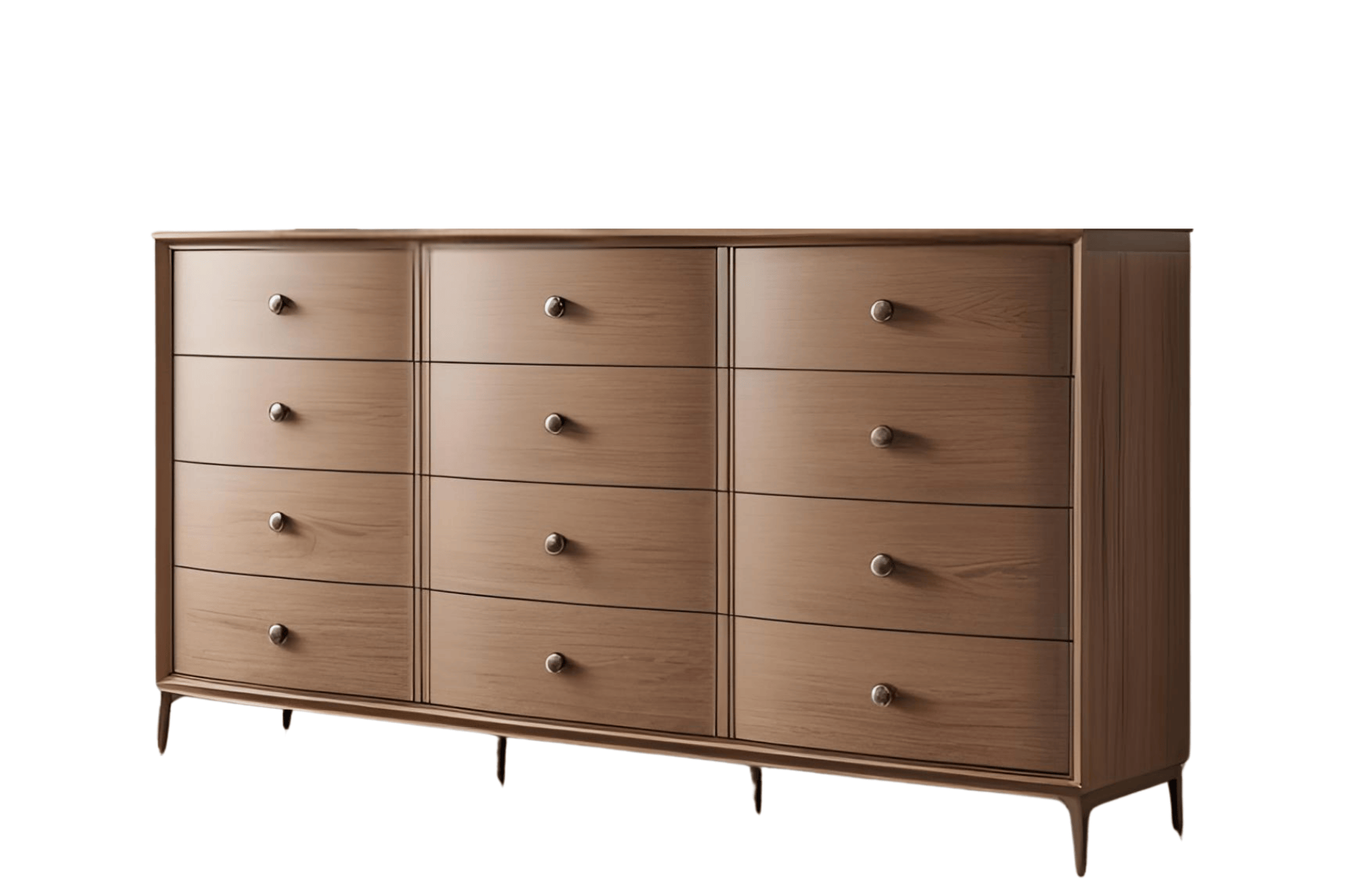Wooden dresser with twelve drawers and round metal knobs, standing on four angled legs against a white background.
