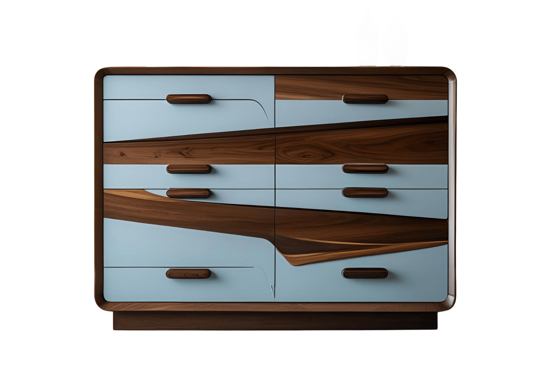 Modern wooden 8 dresser drawer with light blue and natural wood drawer fronts, featuring unique curved and rectangular handles.