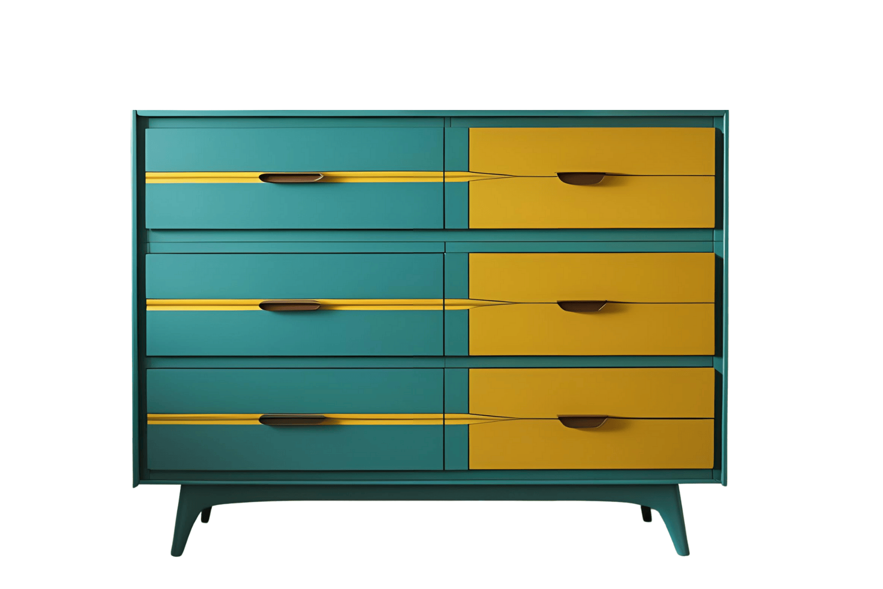 A modern teal and yellow dresser with six drawers, three on each side, featuring black handles and angled teal legs.