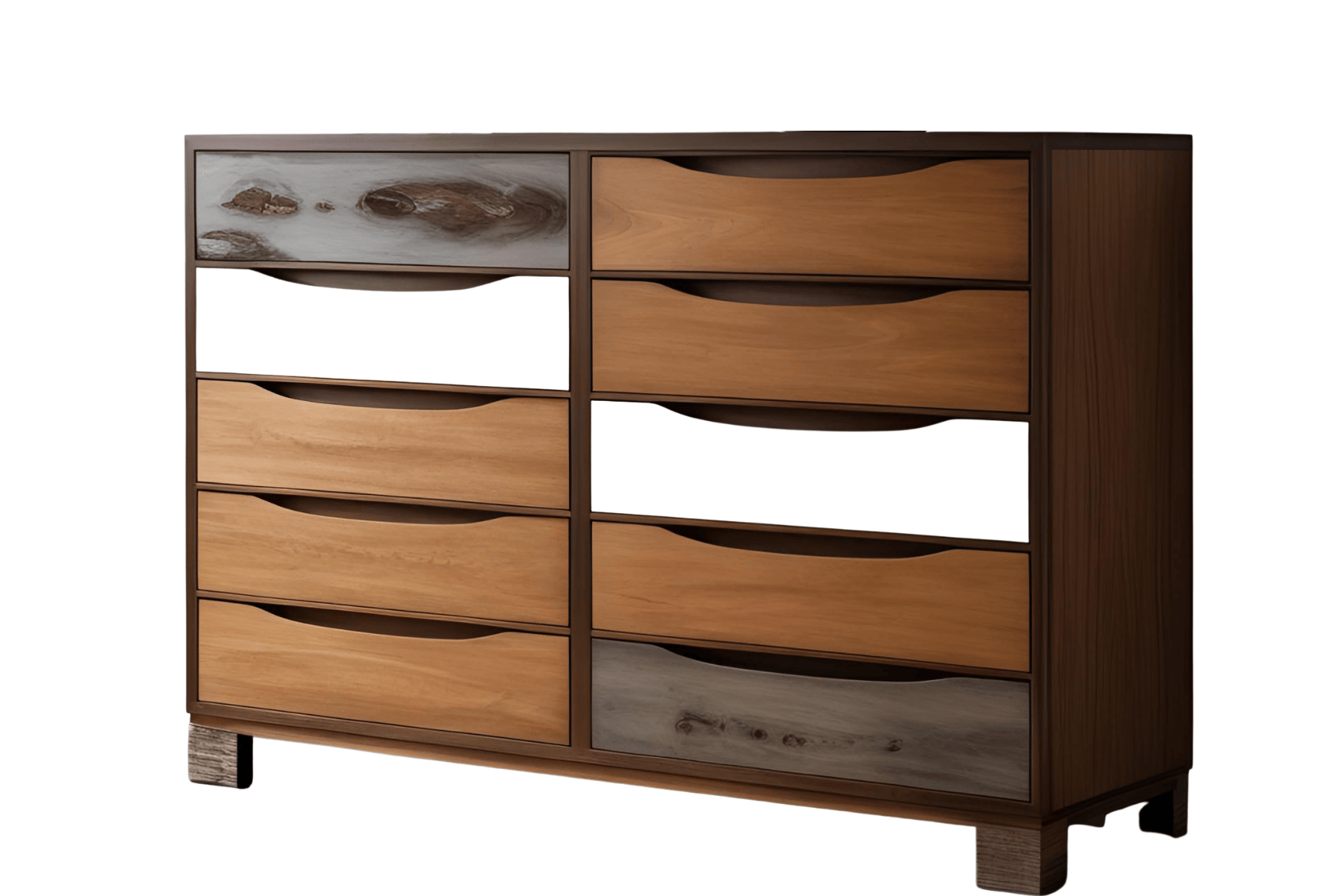 Wooden dresser with multiple drawers, some featuring a natural, unpolished finish and others polished, in various shades of brown and gray.