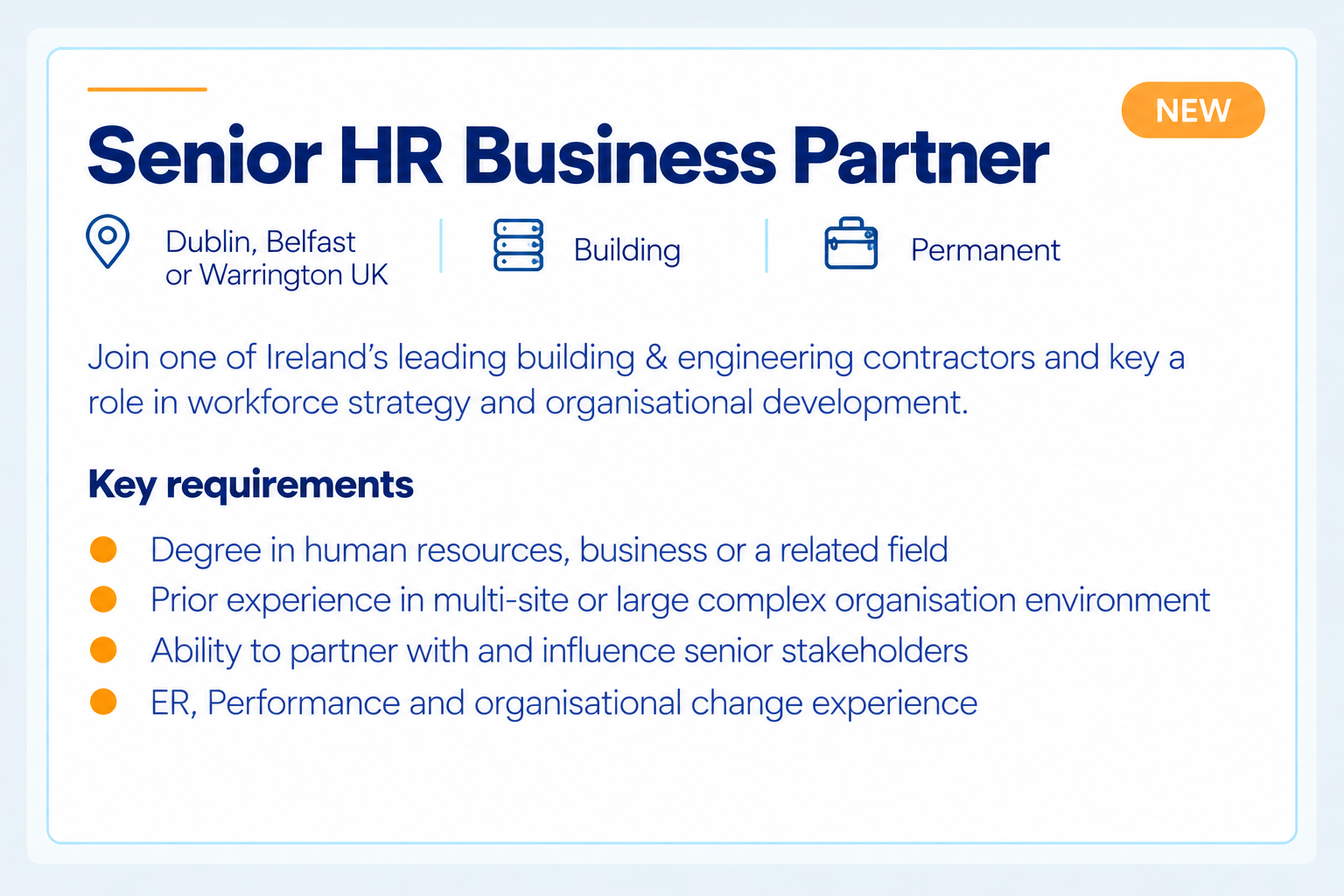 Job advertisement for a Senior HR Business Partner position, mentioning locations in Dublin, Belfast, or Warrington UK, with icons for building and permanent employment, and text about recruitment requirements.
