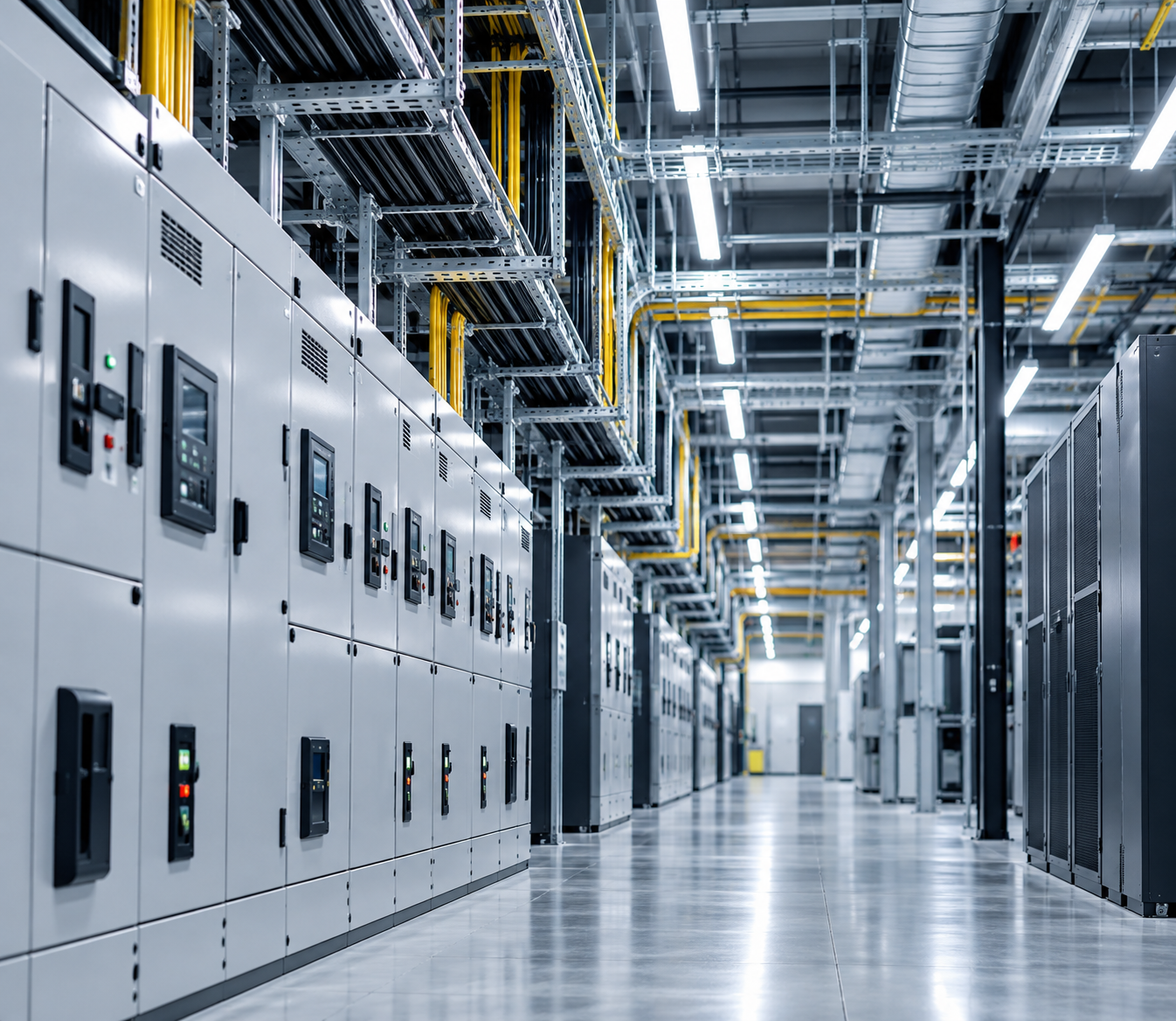 A modern data center with rows of server racks, electrical cabinets, and network cables neatly organized in a well-lit industrial space.