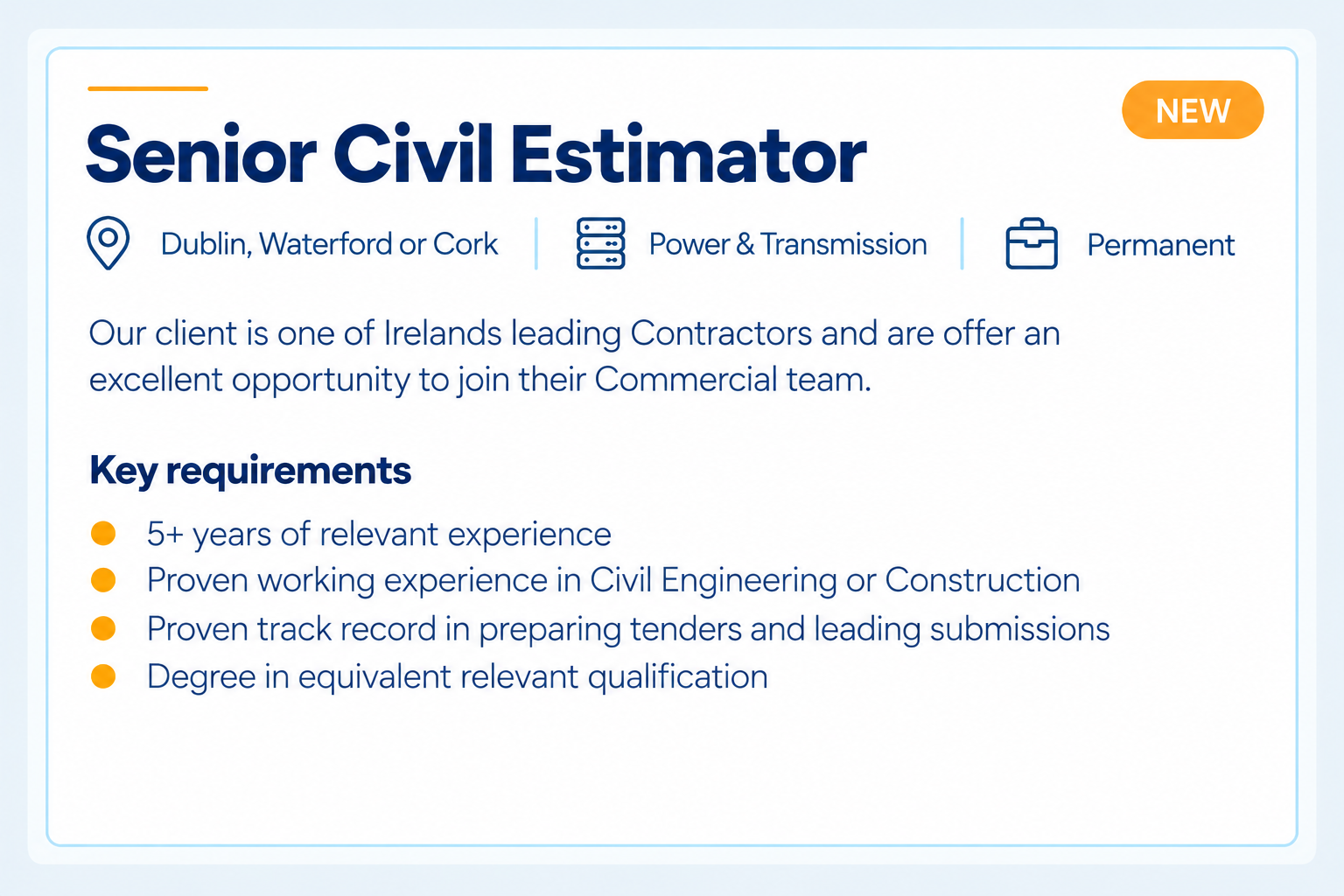 Advertisement for a Senior Civil Estimator job in Dublin, Waterford or Cork, Ireland, offering permanent employment in power and transmission projects. The ad highlights key requirements including over five years of relevant experience, civil engineering or construction background, bid management skills, and a relevant degree. It features icons for location, industry, and employment type, with a bright orange 'NEW' badge.