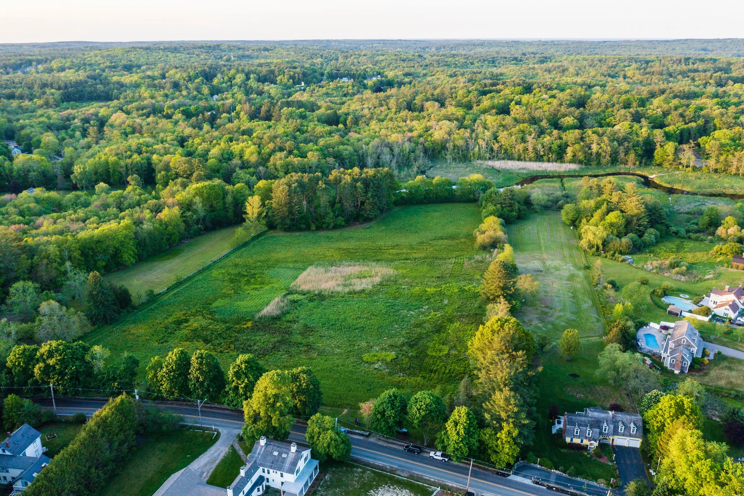 A drone's view of Sylvster Field and the Indian Head River in Hanover, Massachusetts.