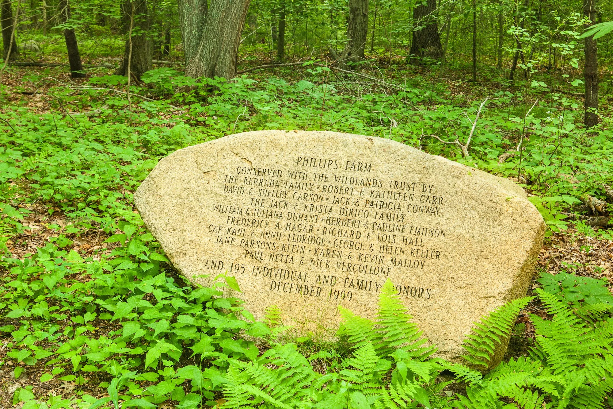 The monument dedicting the conservation of Phillips Farm in Marshfield, Massachusetts.