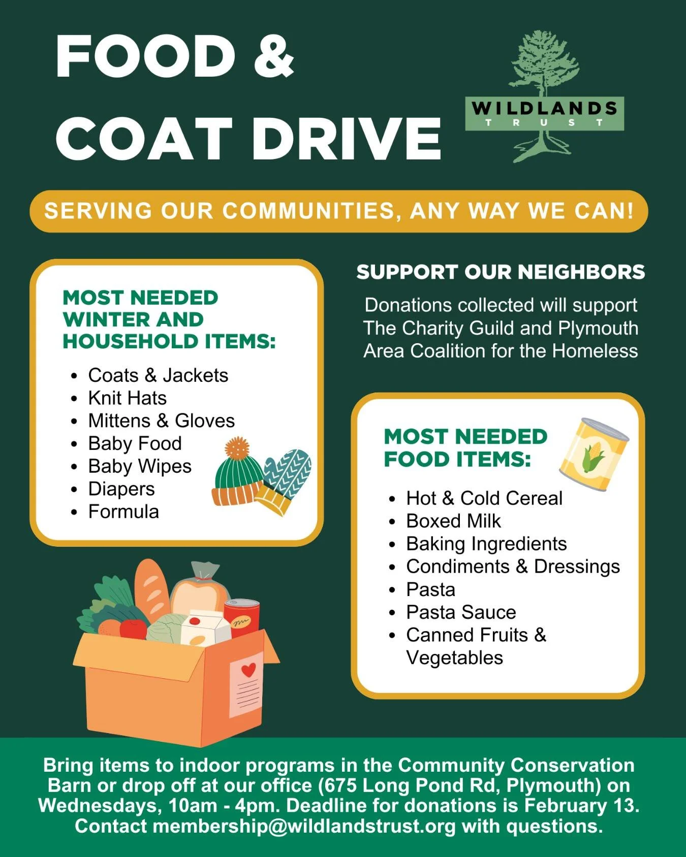 We're hosting a food and coat drive! 🧤

Drop by our office (675 Long Pond Rd, Plymouth) on Wednesdays this winter with the items listed above, and we'll pass them on to @thecharityguild and @plymouthareacoalition!

Wildlands' vision for Southeastern