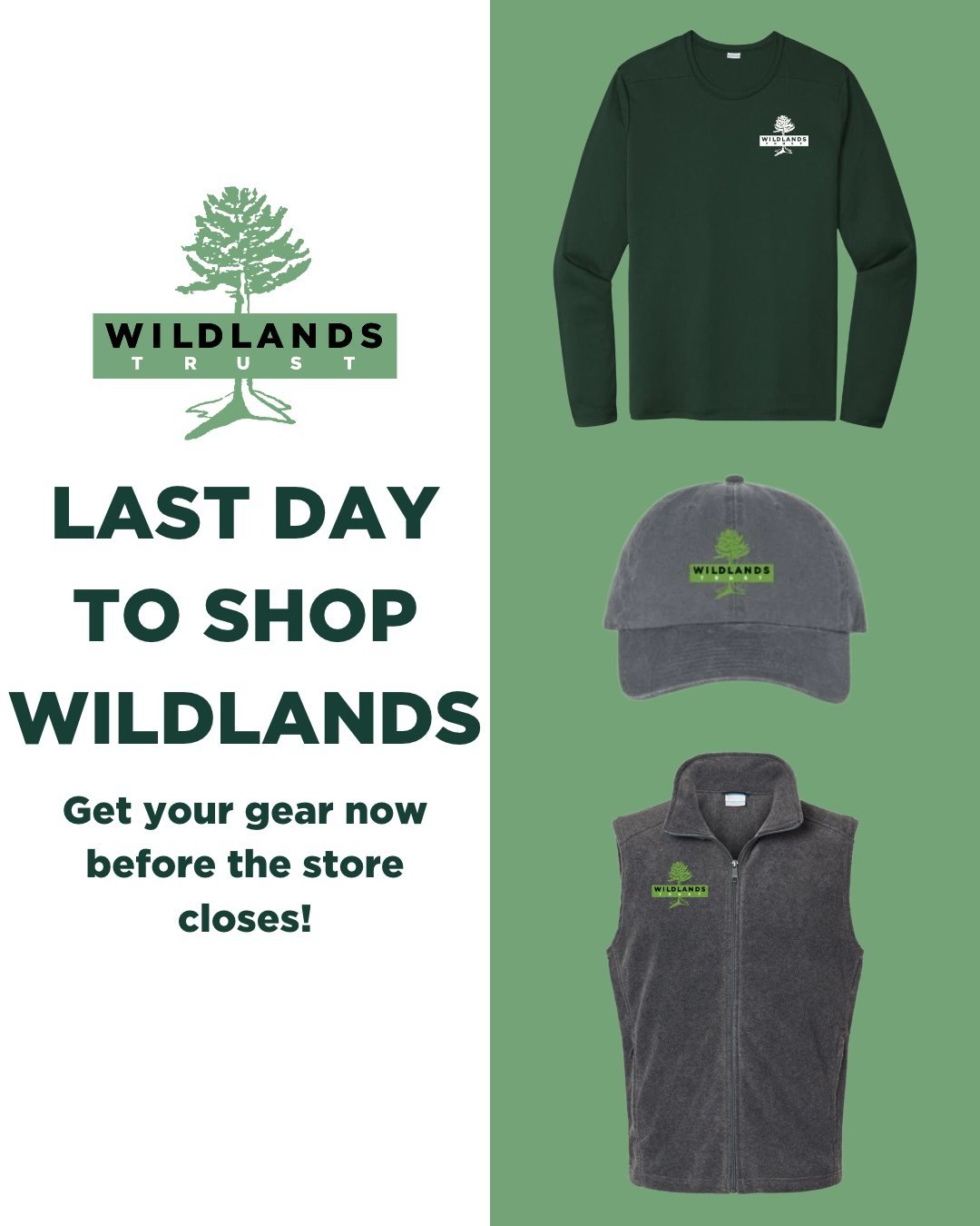 Today is the last day to shop the Wildlands Trust online merch store! 

Order today to enjoy the outdoors in style. Find tons of great merch, including hats, backpacks, vests, jackets, and more! A portion of the proceeds from these sales will go dire