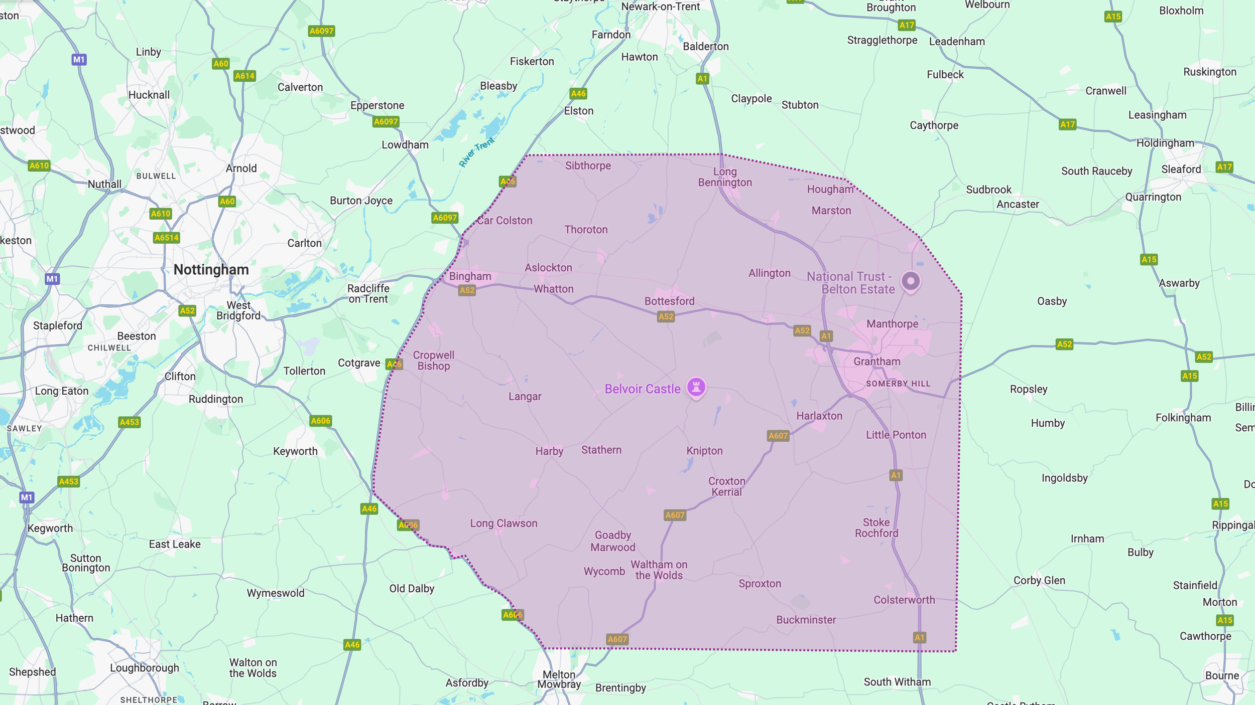 Map showing Nottingham and surrounding areas with highlighted region around Belvoir Castle.