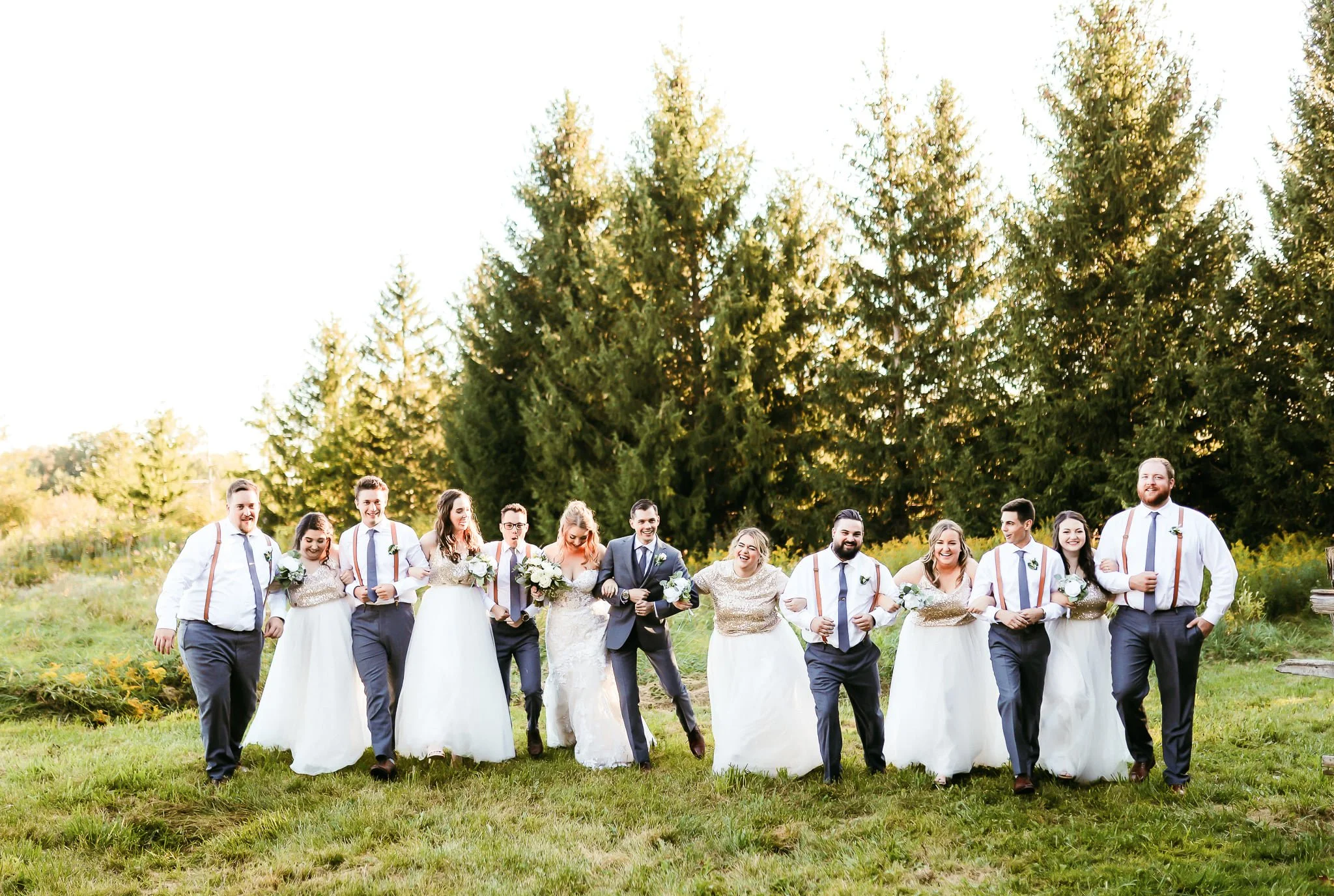 edding party photo with bridesmaids and groomsmen lined up in vineyard field at Bellamere Winery, London, Ontario.