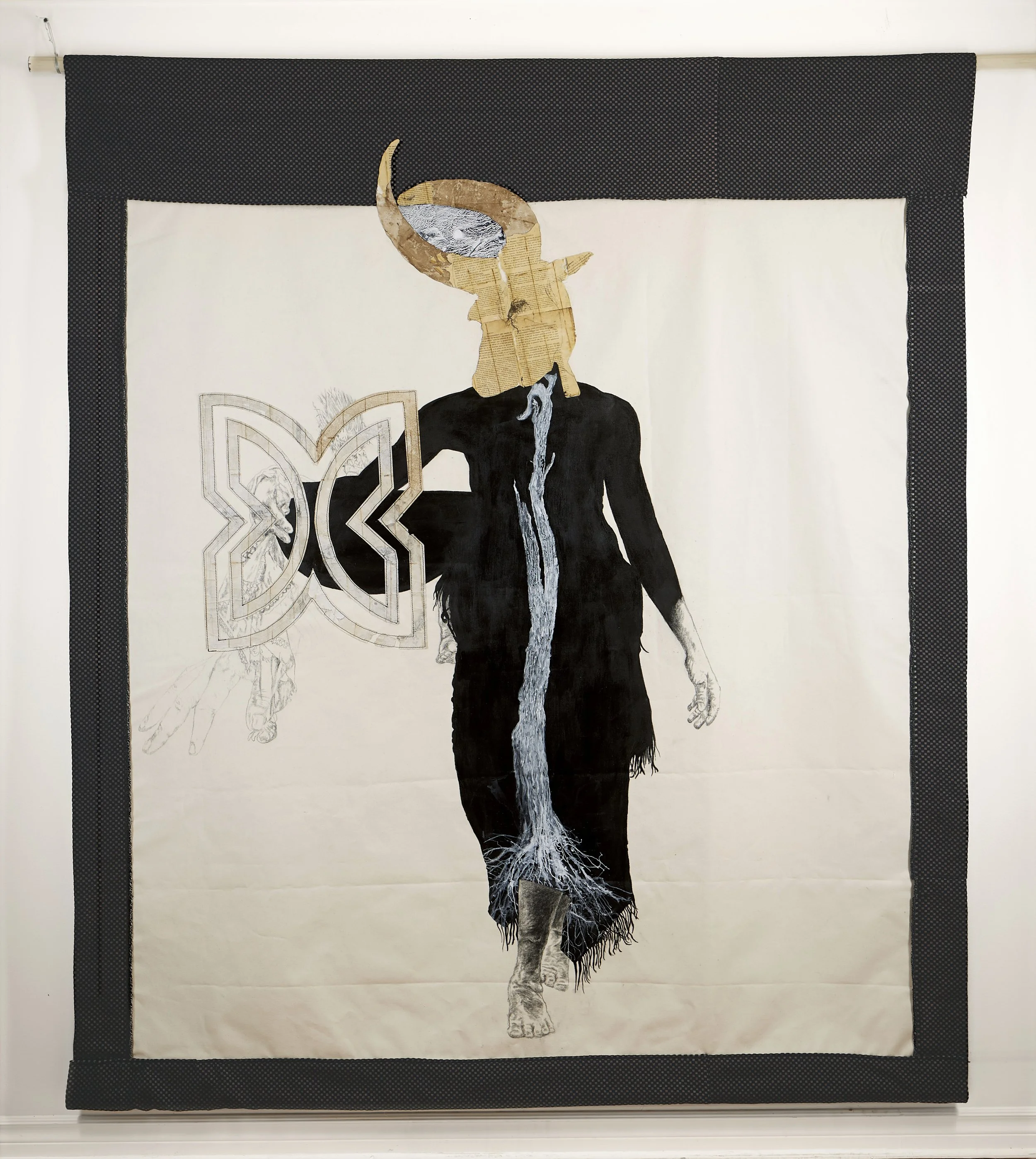 Kavo 1803, 2026, charcoal, marker, sugarcane paper and ink on cotton canvas, with fabric border. Photo: Michel Pinault