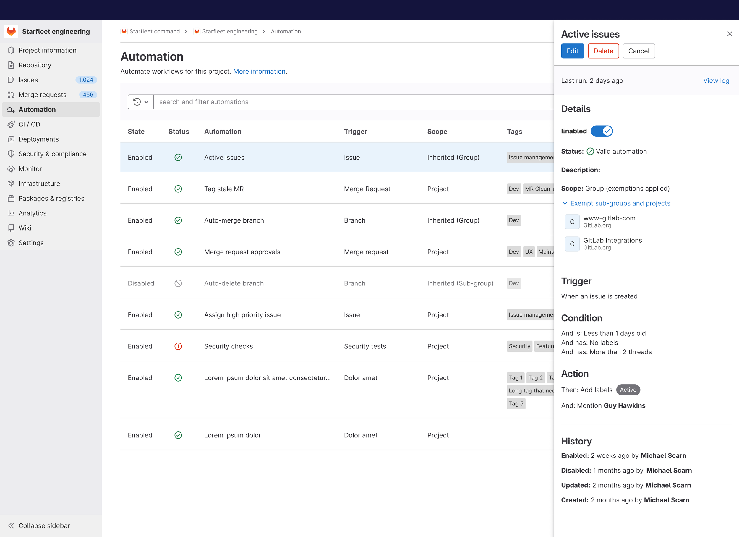 Automation panel, displaying key attributes and actions. The primary goal was to reduce friction from conflicting automations.