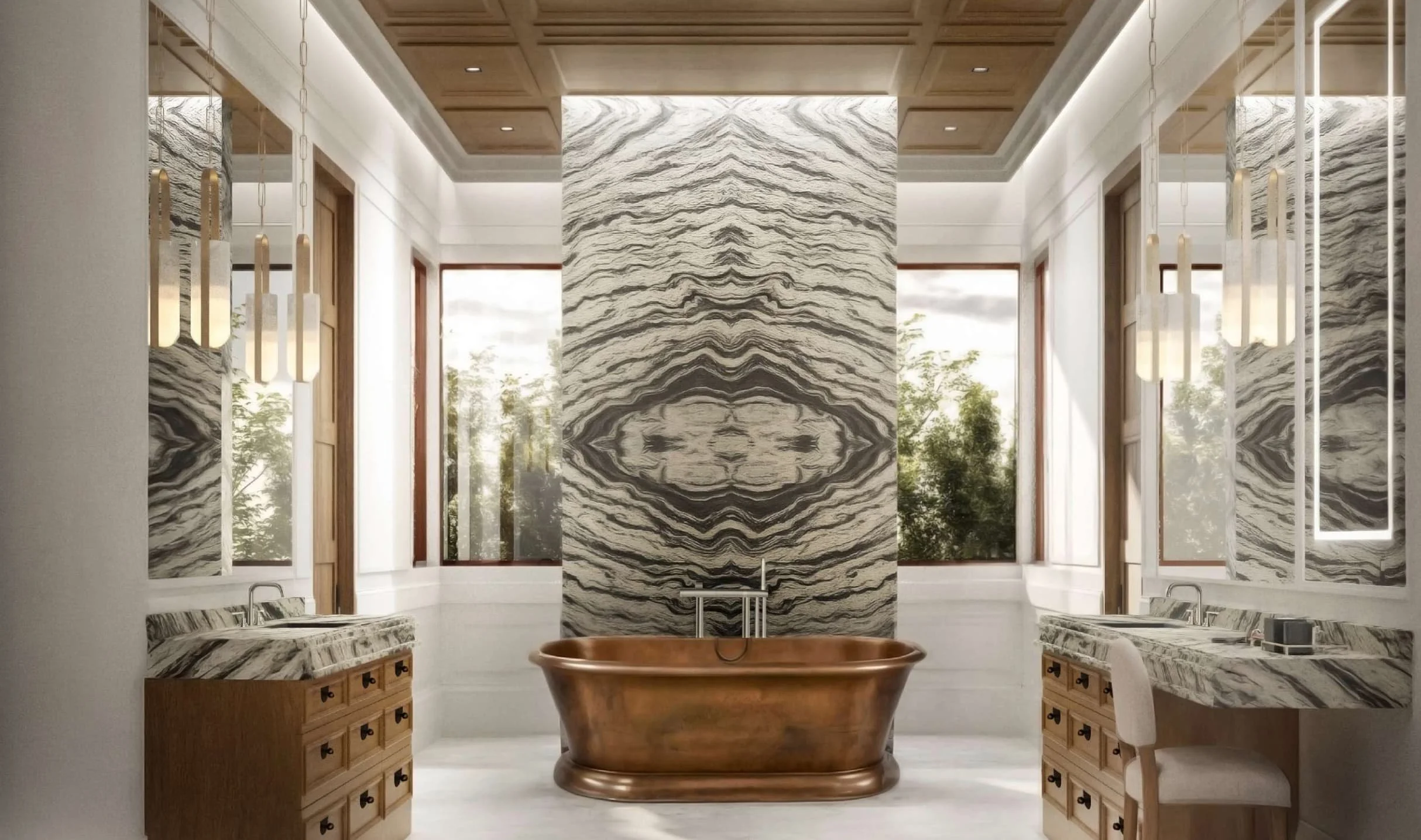 Luxury bathroom with a copper bathtub centered against a black and white marble accent wall, flanked by two marble-topped vanities with wooden drawers and mirrors, large windows with natural light, and modern pendant lighting.