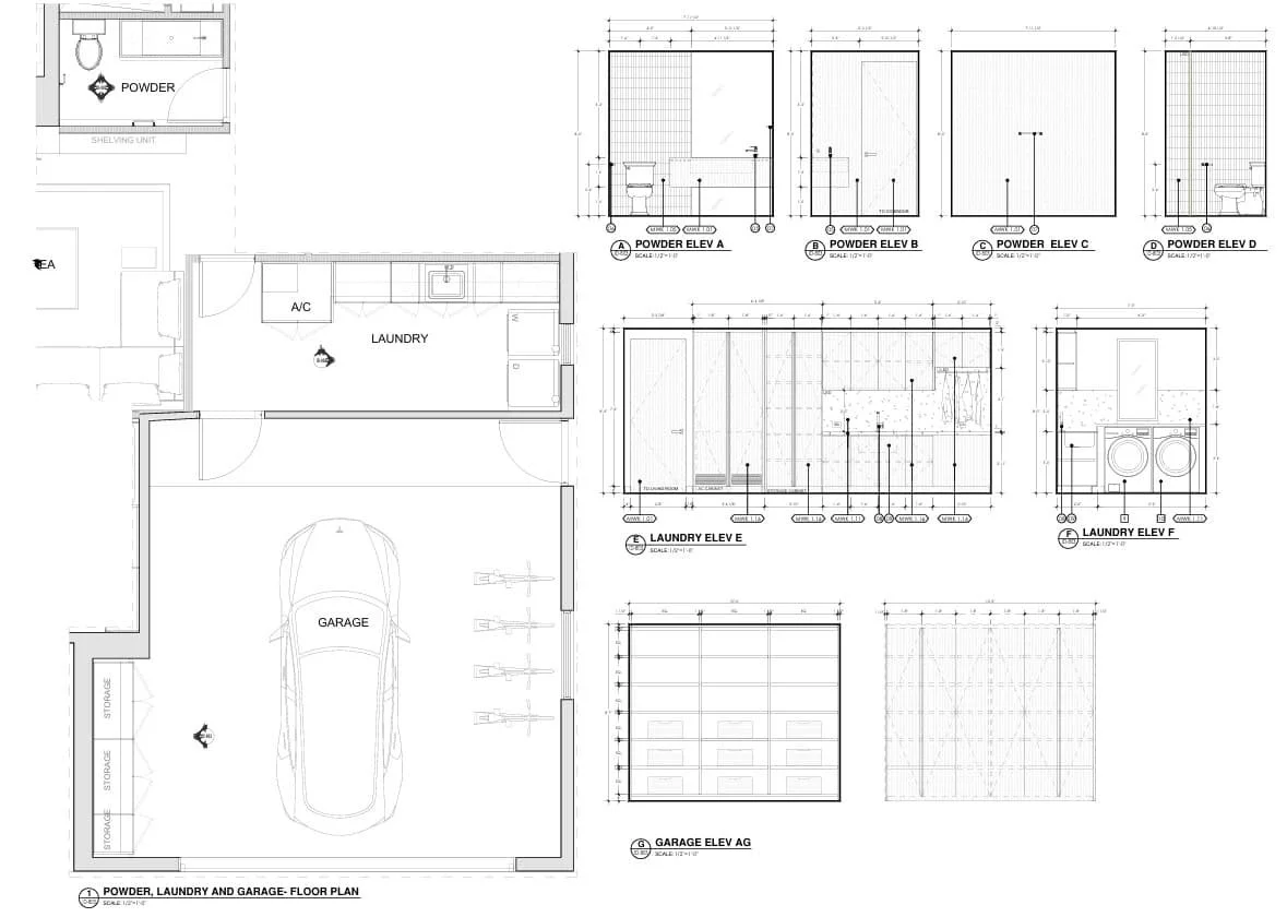 Architectural floor plan for laundry, powder room, garage, and storage areas, including elevation views of powder and laundry rooms.