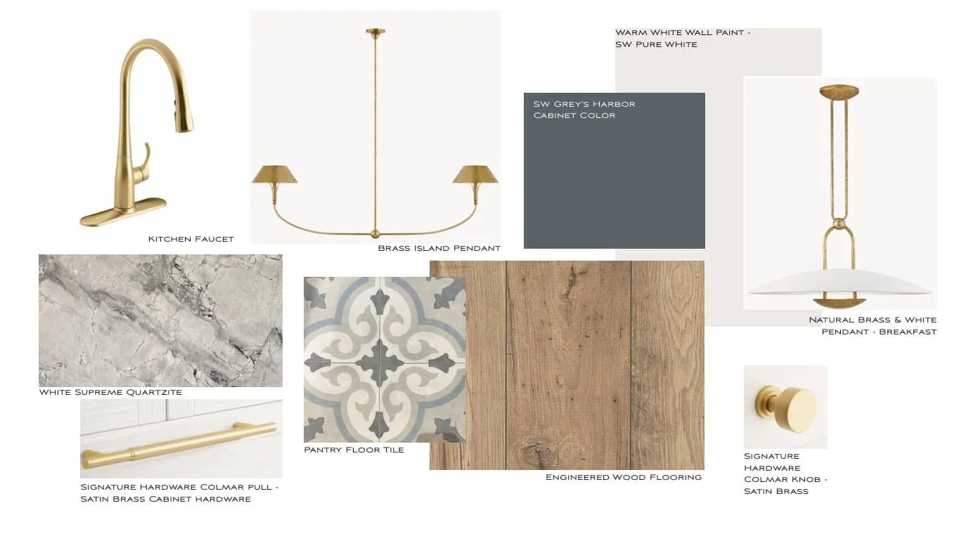 Design mood board with kitchen faucet, brass island pendant light, breakfast pendant, tile flooring, engineered wood flooring, quartzite countertop, cabinet hardware, wall paint, and fabric swatches.