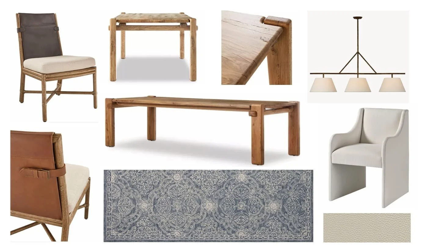 Collection of furniture including chairs, tables, a rug, a chandelier, and a fabric sample, all with wooden or neutral tones.