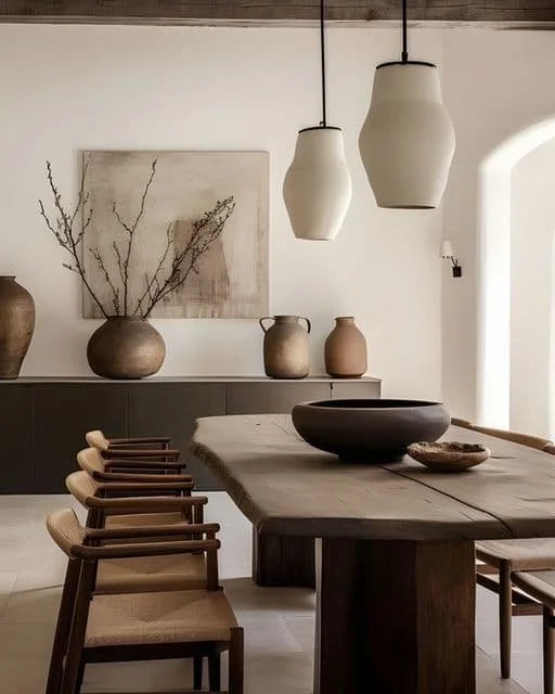 A minimalist dining room with a wooden table, beige chairs, and neutral-toned vases on a sideboard. Two large white pendant lights hang above the table, and there's a small piece of abstract art on the wall.