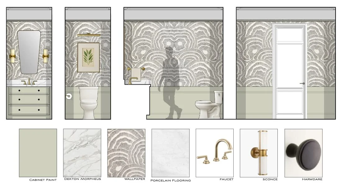 Bathroom with patterned wallpaper, vanity with mirror and sink, toilet, shower, and door. Decorate with gold fixtures, wall art, and a black knob.