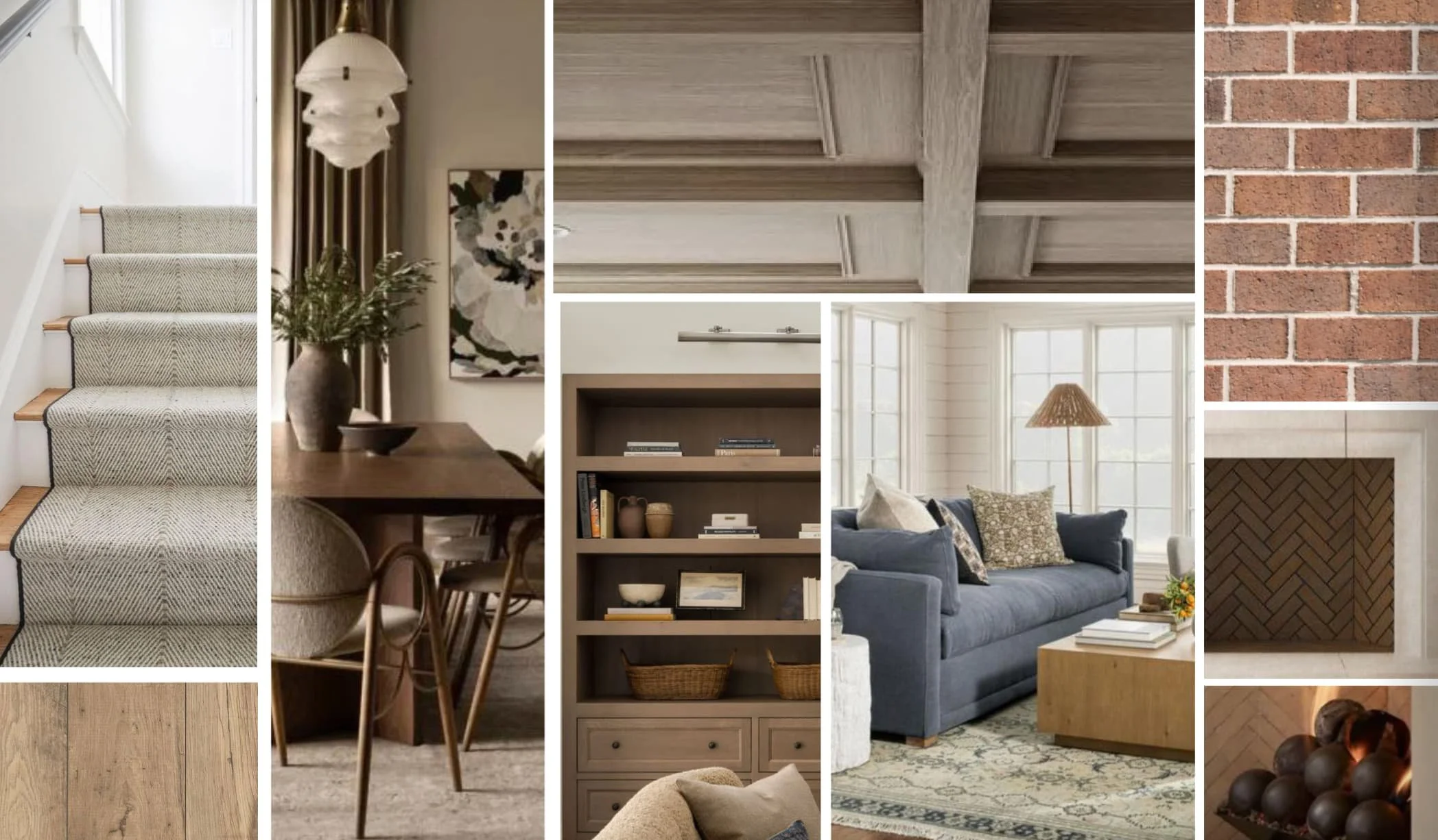 Collage of interior home design images, including a staircase with a runner, a dining area with a table and chairs, a ceiling with wooden beams, a bookshelf with books and decor, a living room with a blue sofa and lamps, a brick fireplace, a wood floor, a herringbone tile fireplace, and decorative balls in a bowl.