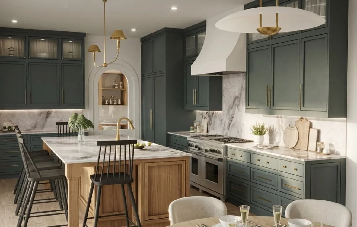 Modern kitchen with teal cabinets, marble backsplash, white range hood, and wooden island with marble countertop. Includes kitchen table with chairs and hanging pendant lights