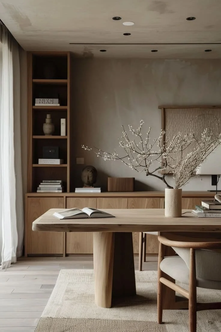 A minimalist dining room with a wooden table, a vase with branches, a wooden chair, a built-in cabinet with decorative objects and books, beige curtains, and a neutral-toned wall with a textured window shade.