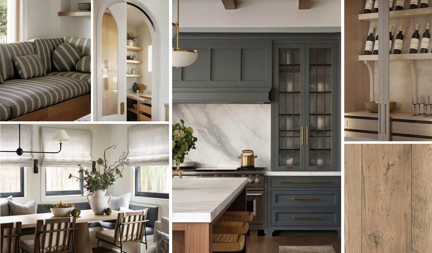 Collage of interior home photos including a striped sofa, a small arched doorway with shelves, gray kitchen cabinets, a dining table with a flower vase, and wooden flooring.