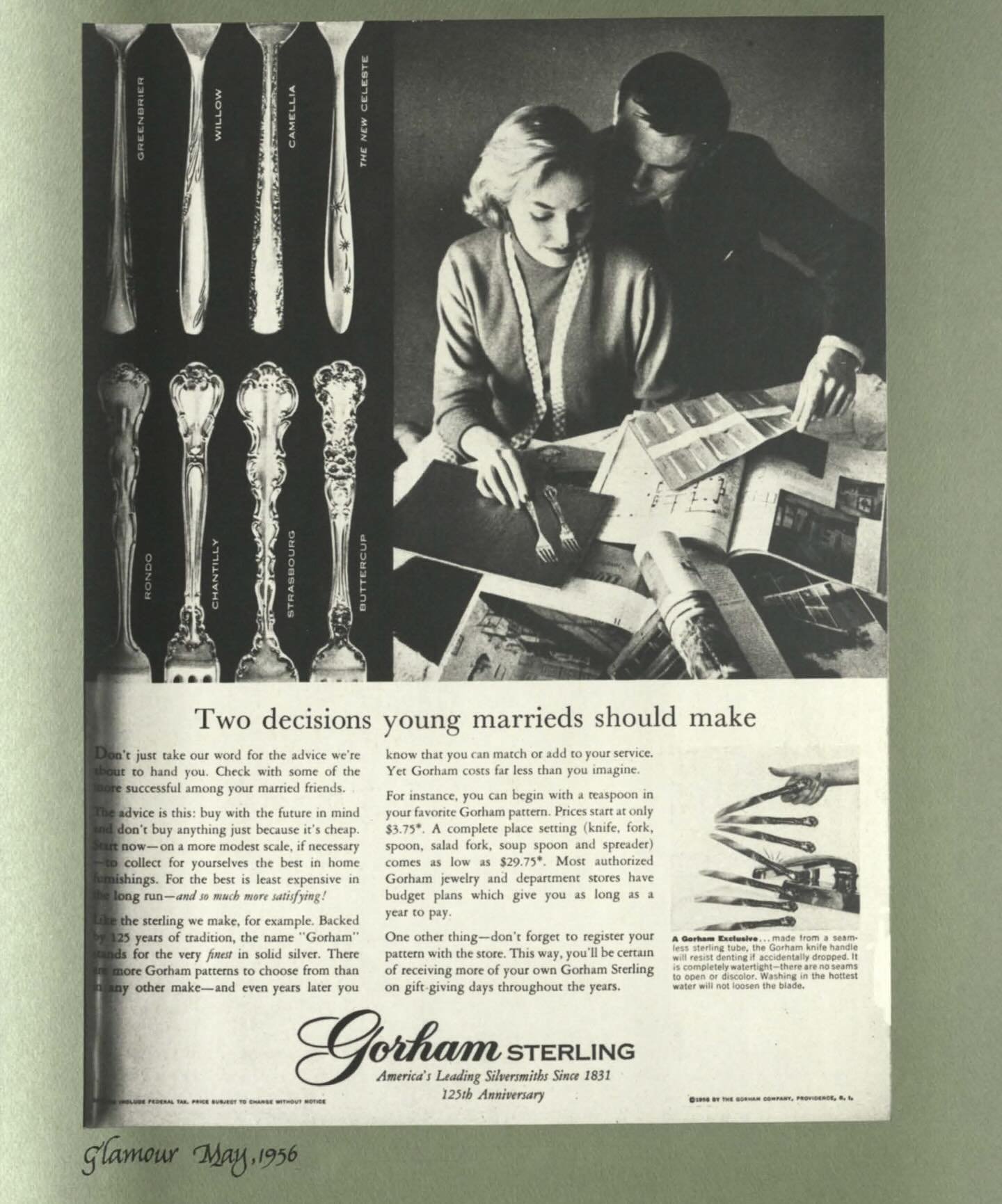 &ldquo;Two decisions young marrieds should make.&rdquo;
&mdash; Glamour Magazine, May 1956
Nearly seventy years later, the advice still holds.
Buy with the future in mind. Choose quality over convenience. Invest in things meant to be used, cherished,