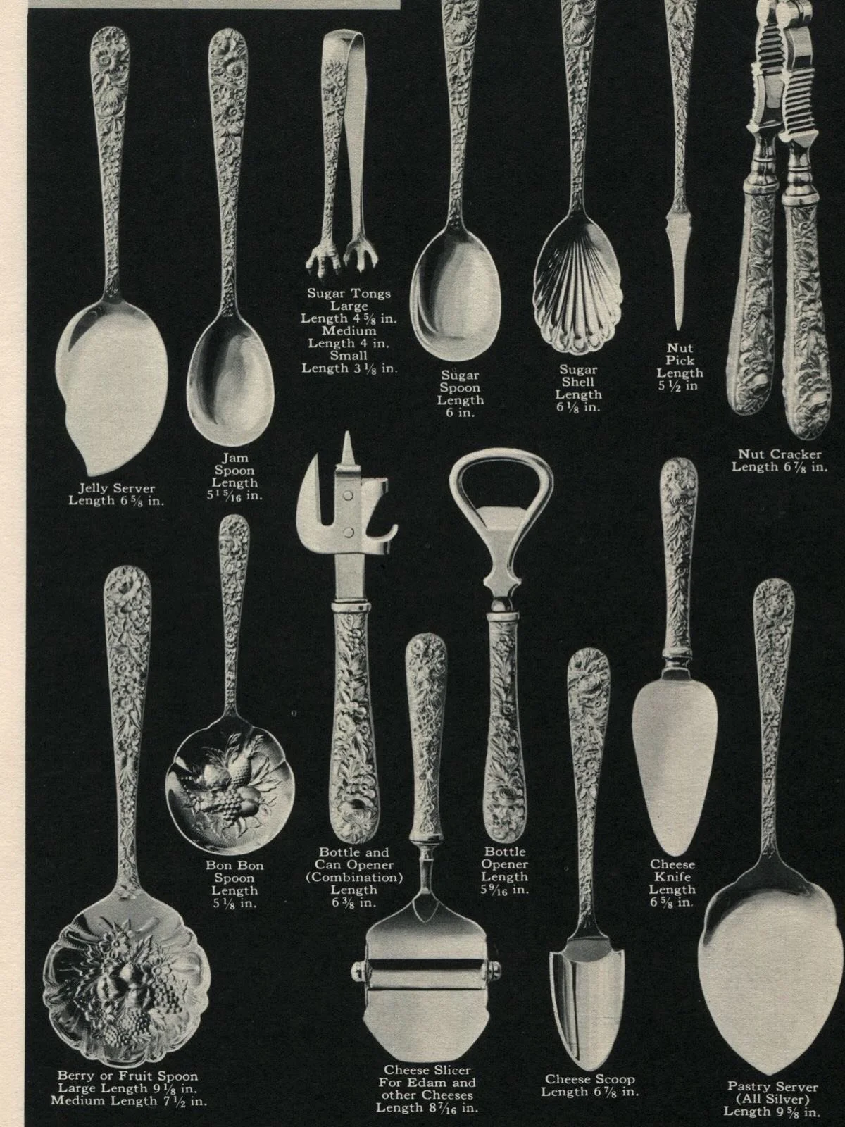 S. Kirk &amp; Sons &ldquo;Repouss&eacute;&rdquo; &mdash; a pattern that didn&rsquo;t just dress the table, it defined it.
From butter picks to asparagus forks, berry spoons to bacon forks (yes, they had a proper fork for that too), these vintage ads 
