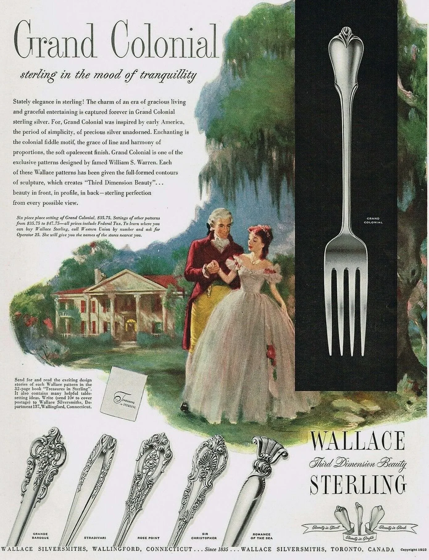 An era when even a fork was expected to make an entrance.

This striking 1952 Wallace Sterling advertisement for Grand Colonial captures a time when craftsmanship, elegance, and gracious living were part of everyday life. Sterling silver wasn&rsquo;t