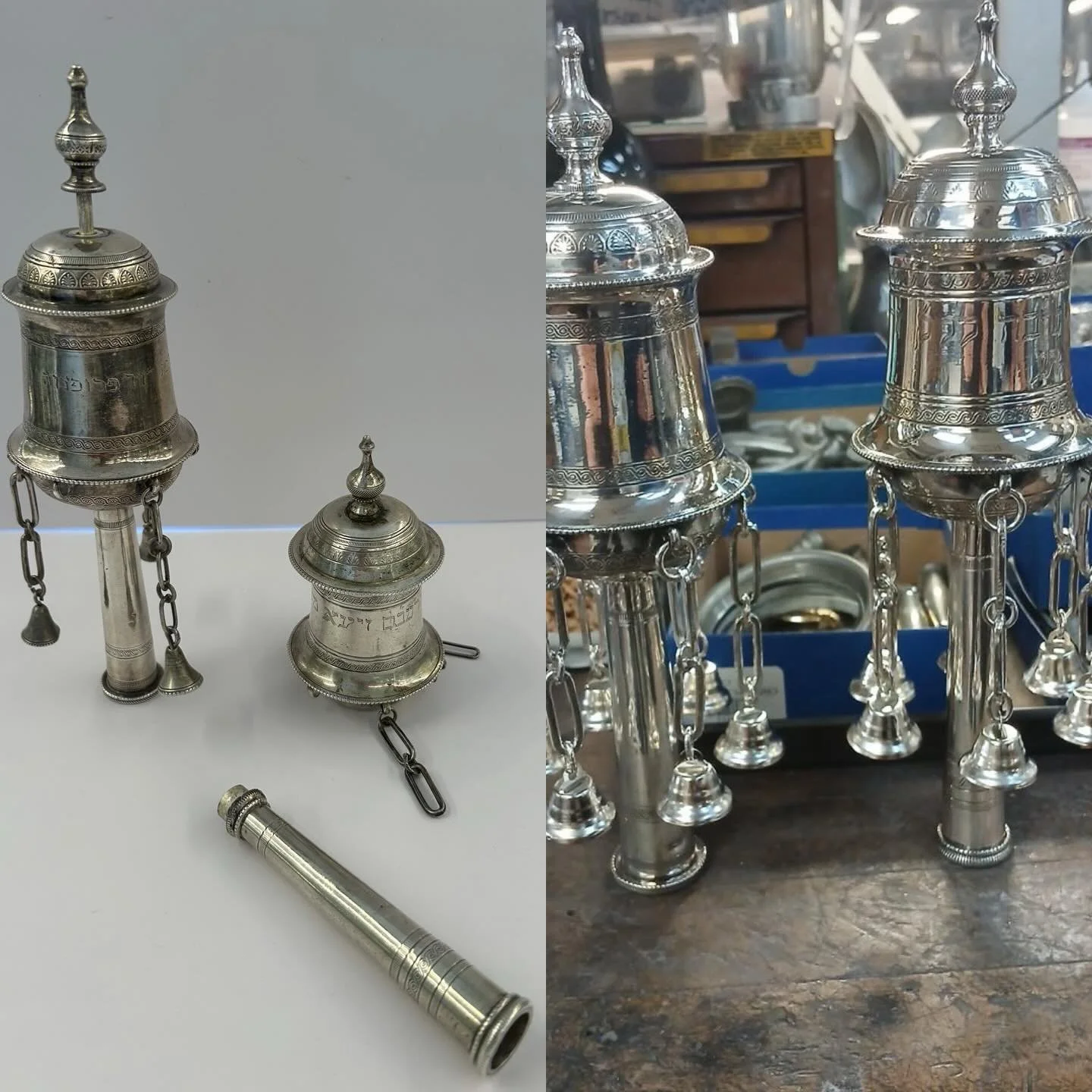 These Sephardic Rimonim &mdash; ornaments that crown a Sefer Torah case &mdash; arrived to us in heartbreaking condition: heavily tarnished, structurally compromised, and missing their chains and bells entirely. The owner wasn&rsquo;t even certain th