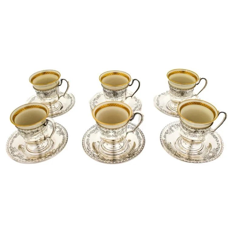 Set of Six Sterling Silver Demitasse Cups & Saucers