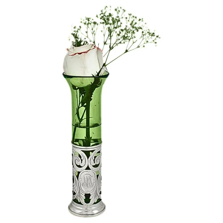 Sterling Silver Vase with Green Glass Liner