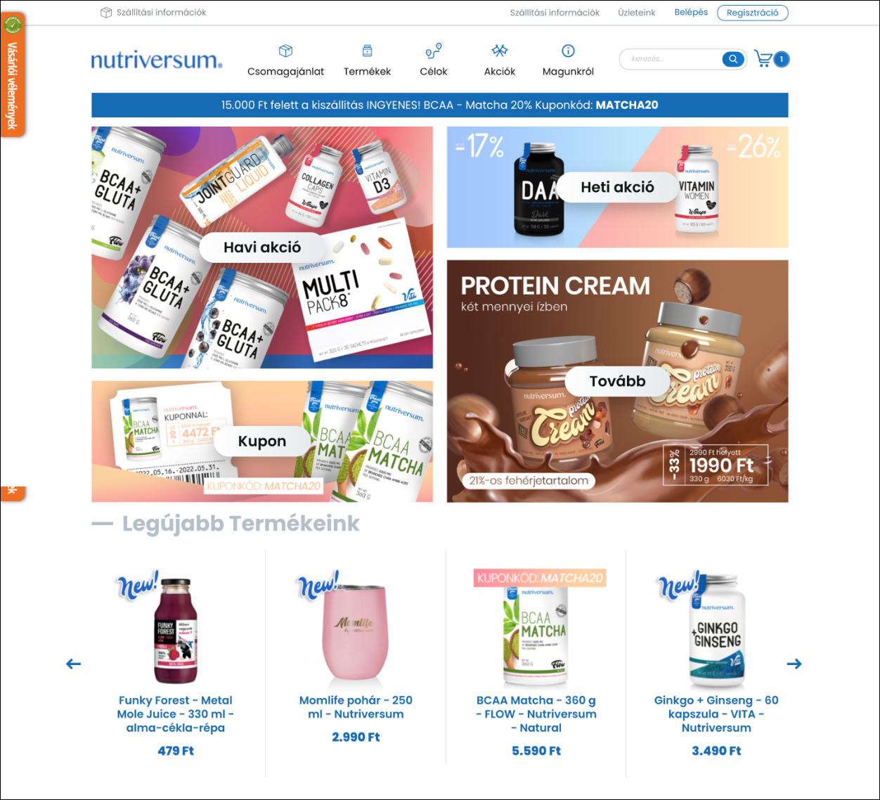 Website homepage of nutriversum featuring BCAA, protein cream, and other nutritional supplements with promotional offers and discounts.