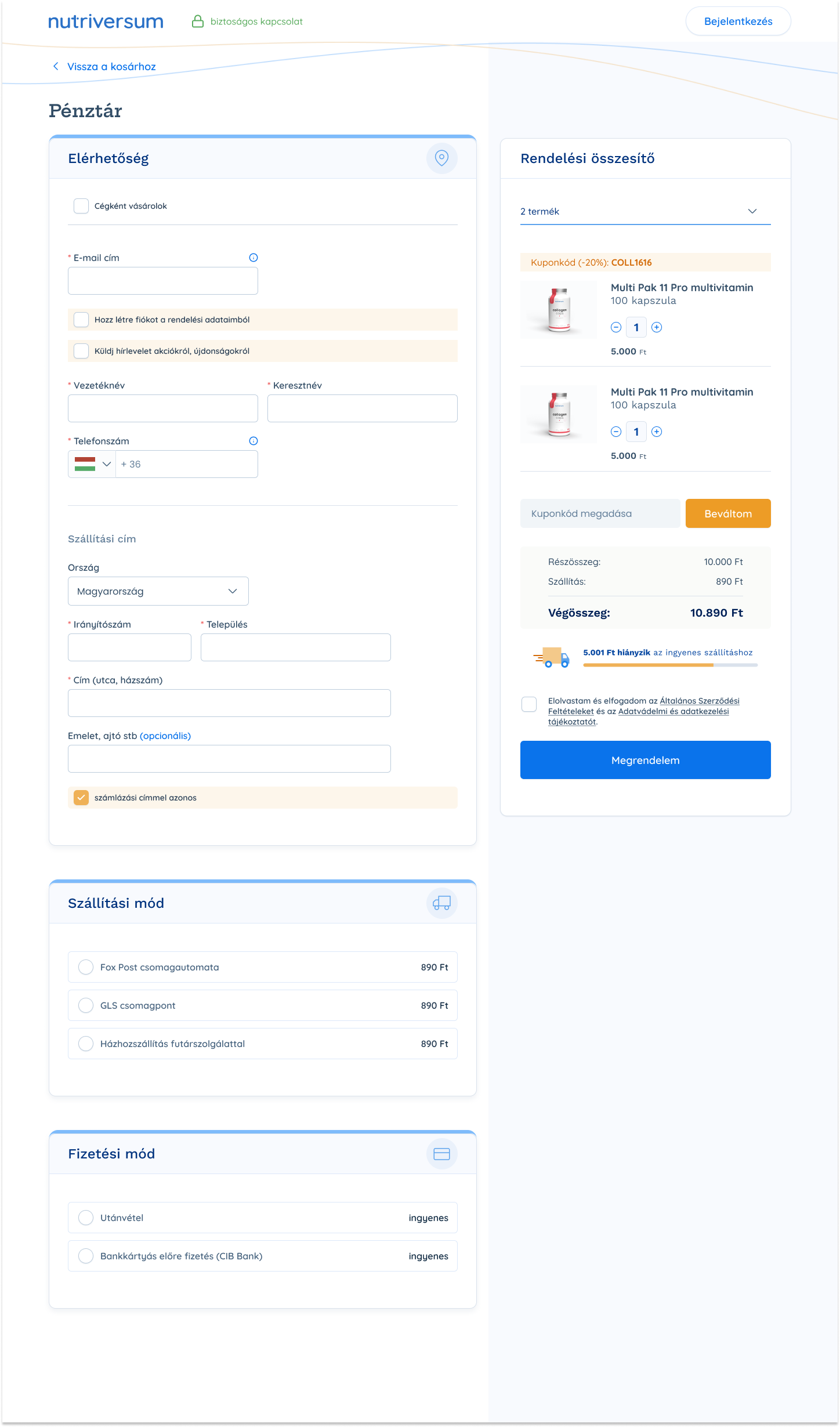 Online checkout page for Nutriversum products showing contact information, order summary, shipping method, and payment options in Hungarian.
