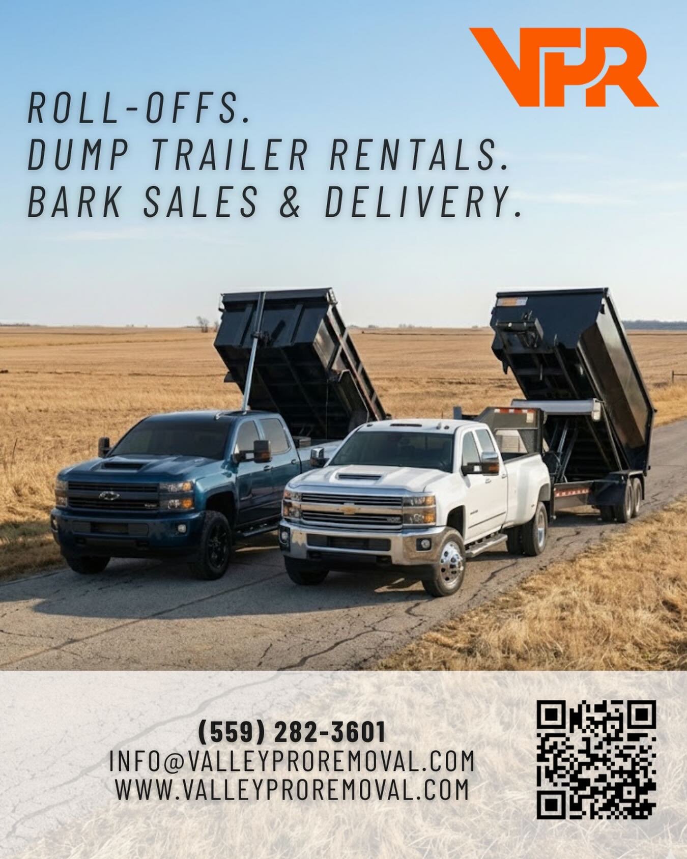 As a first responder owned and operated business in the Central Valley, service isn&rsquo;t just a job for us&mdash;it&rsquo;s a mindset. We are committed to getting the job done right.

⚒️Roll-off Rentals
⚒️Dump Trailer Rentals
⚒️Bark Sales &amp; De