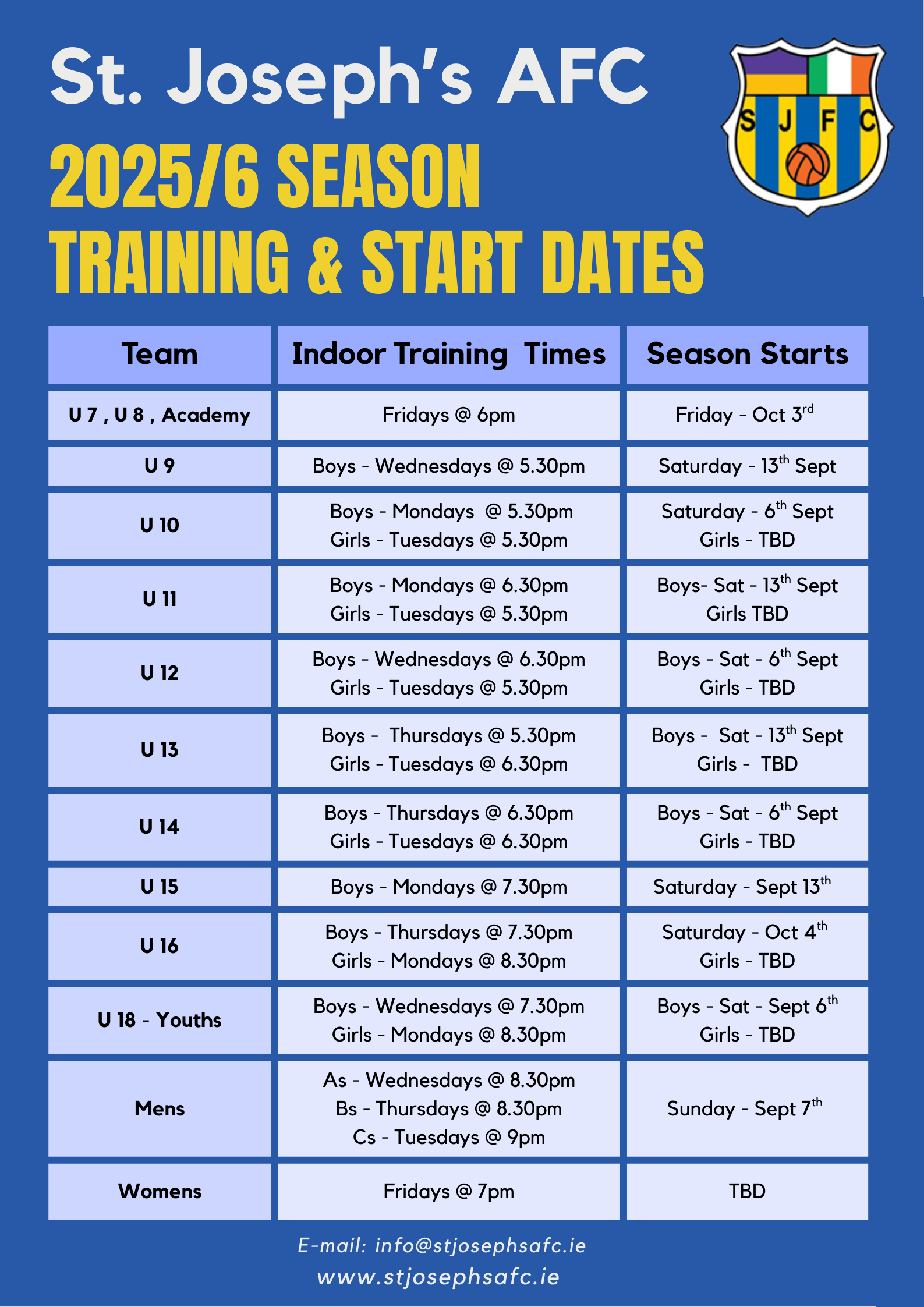 2025/6 Indoor Training Times