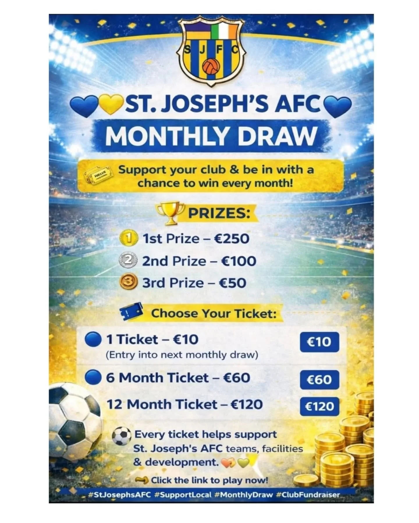 🎉 BONUS GIVEAWAY FOR CLUB DRAW MEMBERS 🎉

Anyone entered into the St. Joseph&rsquo;s AFC Club Draw from May onwards will be entered into a BONUS prize draw to WIN a FREE place on our Summer Camp in August ⚽☀️

🏆 2 FREE camp places up for grabs
💰 