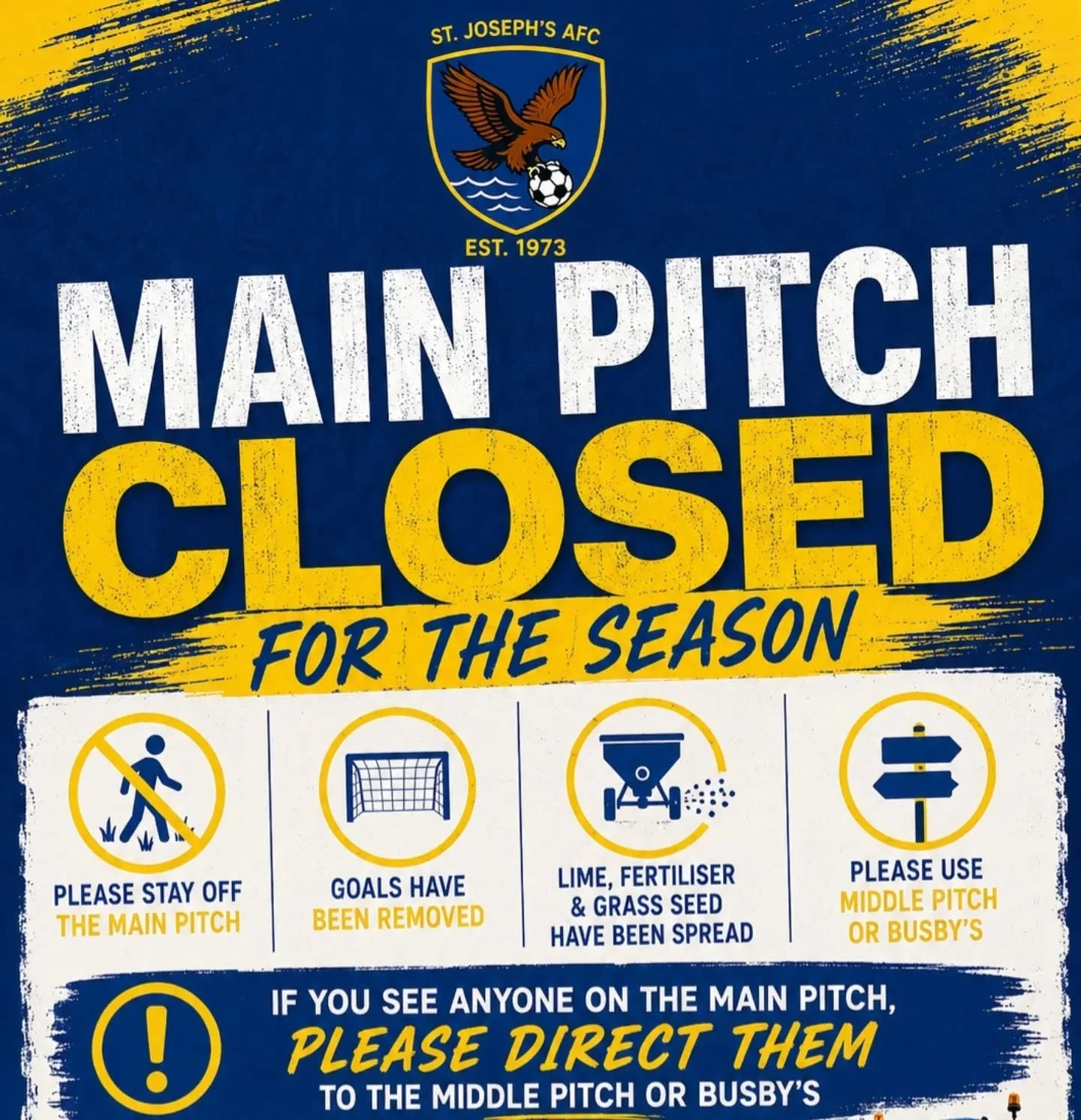 ⚽️ Main Pitch Closed for the Season ⚽️

The main pitch is now closed for the season. Goals have been removed and lime, fertiliser and grass seed have been spread as part of our end-of-season repairs and maintenance.

Please stay off the main pitch an