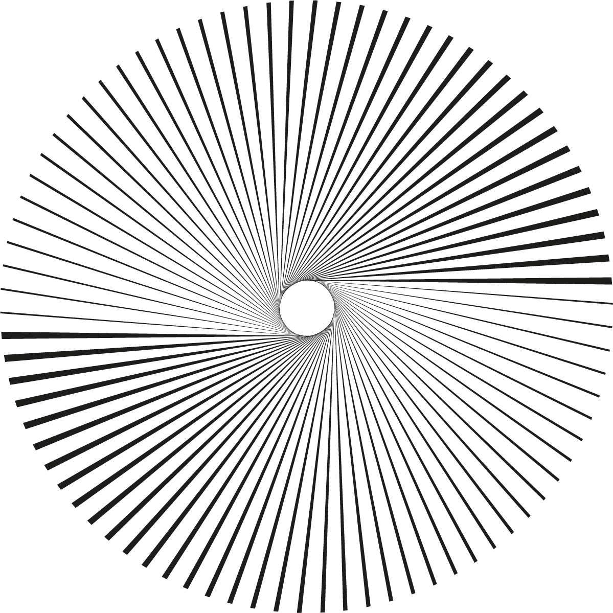 Un motif géométrique en spirale noir et blanc avec un centre noir.