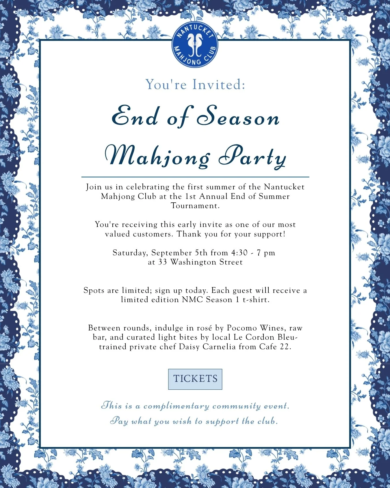 Invitation to 'End of Season Mahjong Party' by Nantucket Mahjong Club with floral borders, logo at the top, event details, and RSVP information.
