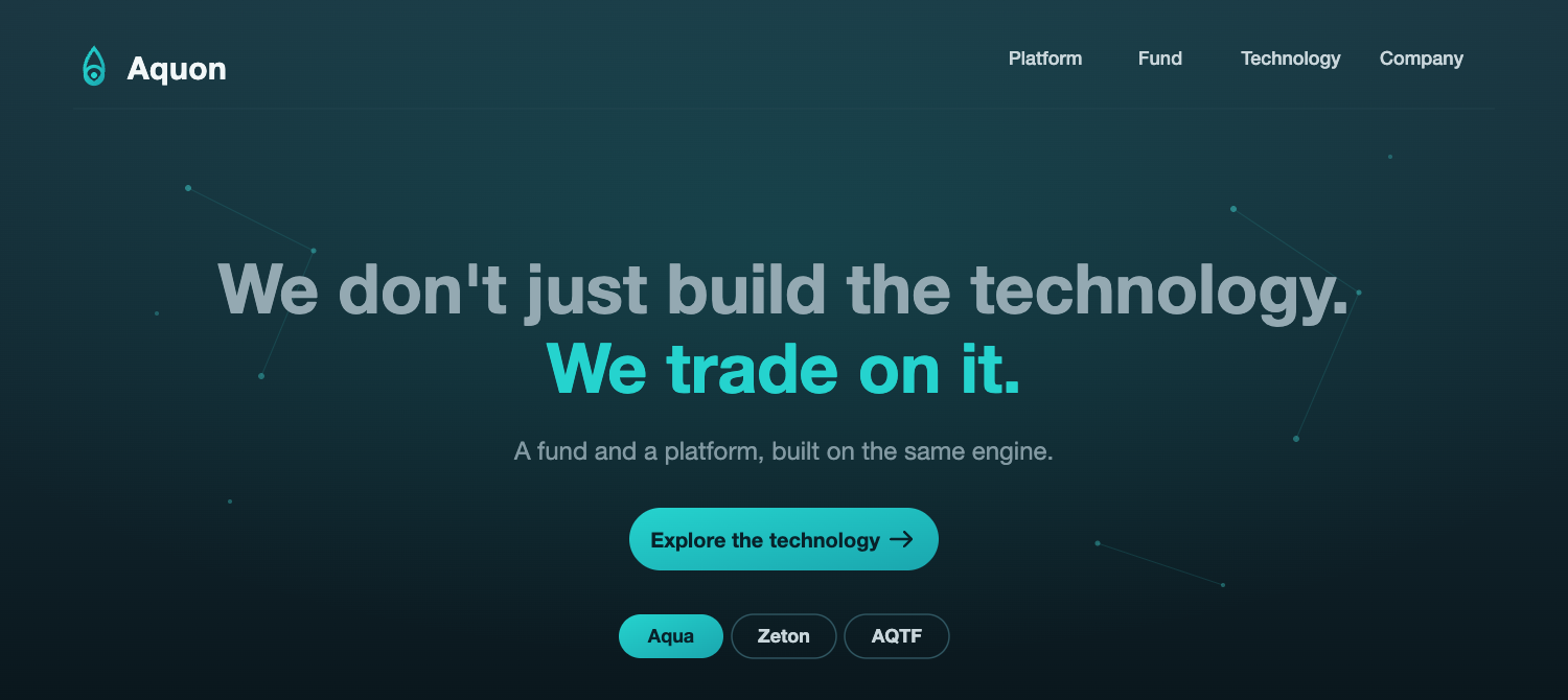 Aquon AI platform — an AI-native fund and trading platform built on one engine, powering Aqua, Zeton, and AQTF for institutional financial computing.