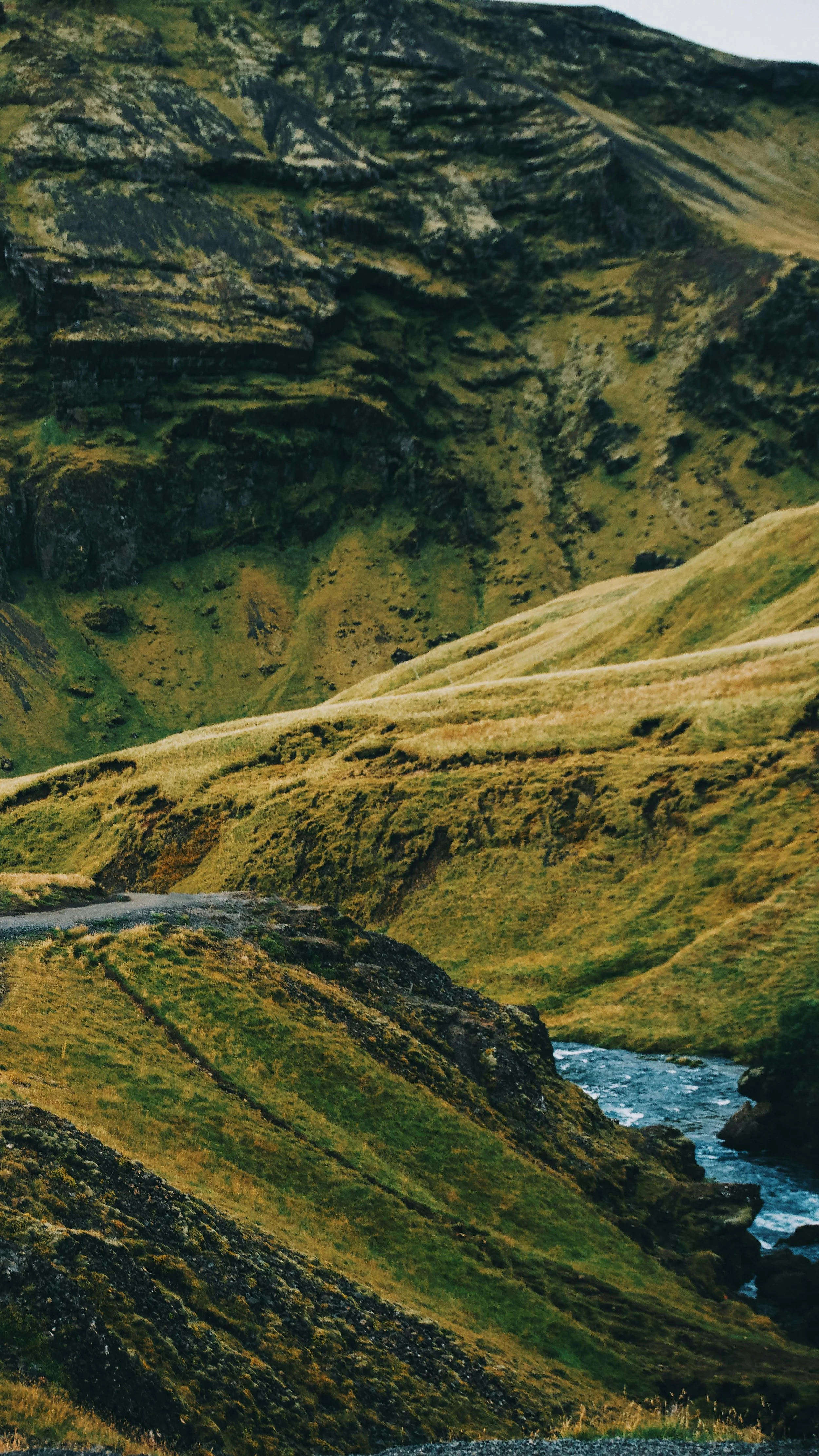 Photo with aerial view on Icelandic landscape with a lot of green grass and rocks covered in it and in a moss.