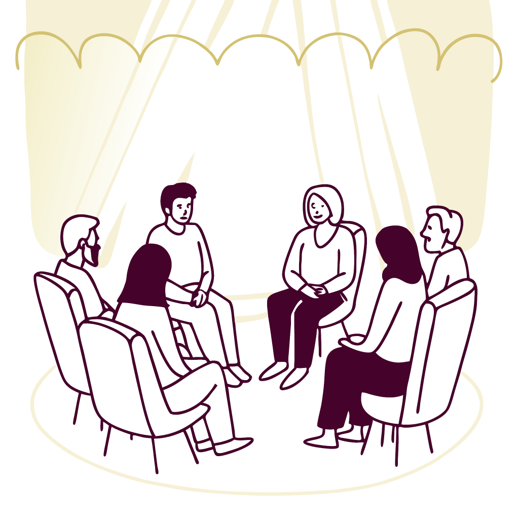 Illustration of a people in a group therapy in a room sitting in a circle