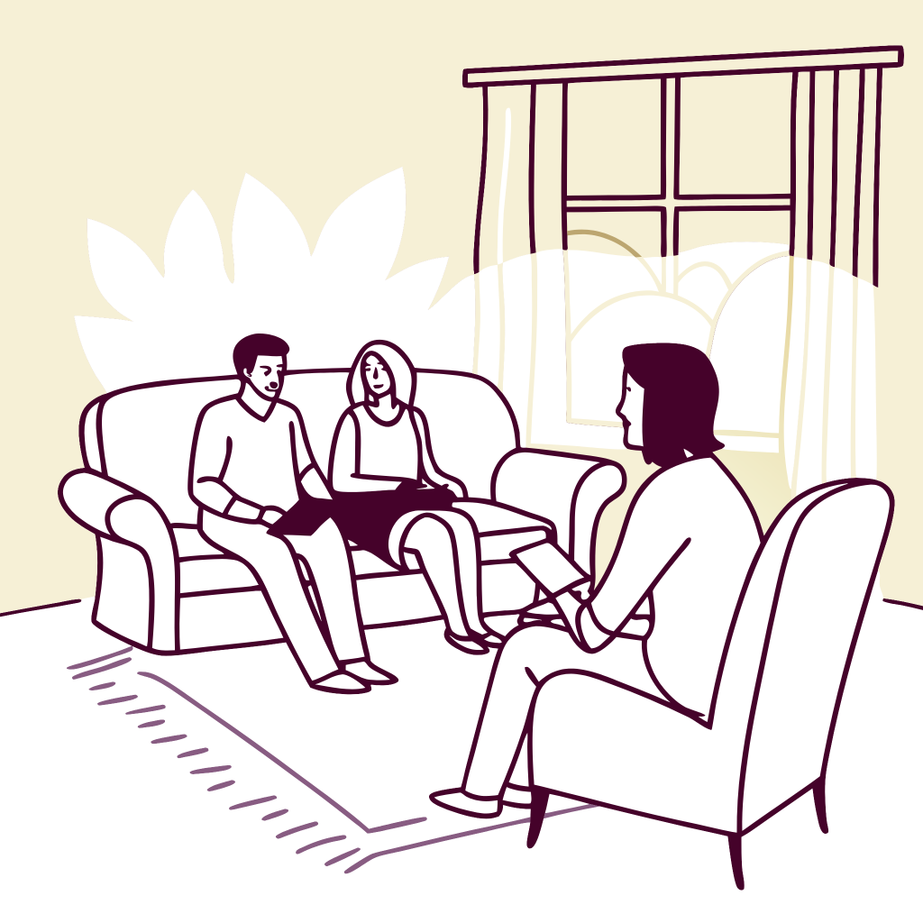 Ilustration of therapy of couple sitting on a sofa in a room with window.