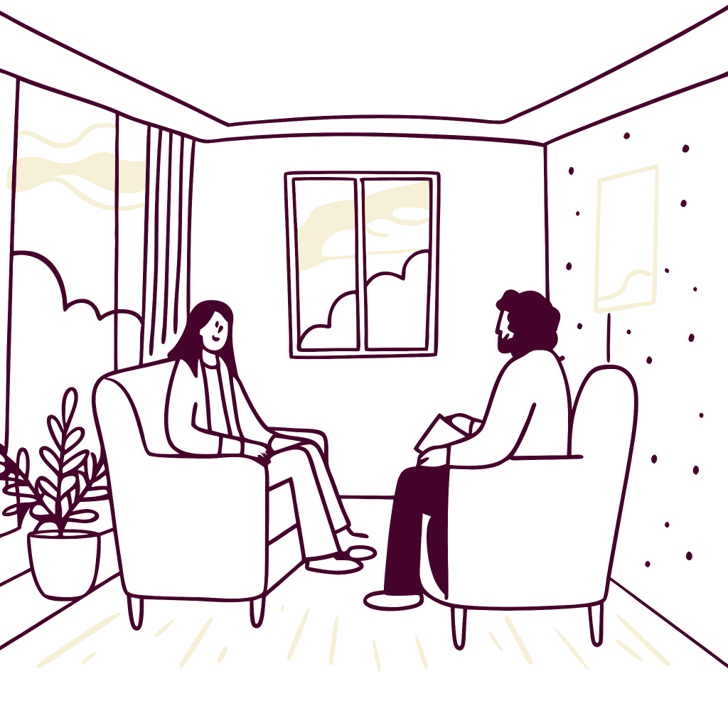 Illustration of two people sitting opposite each other, one is therapist and one a client. They sit in a room with two coaches and a plant is one a side.