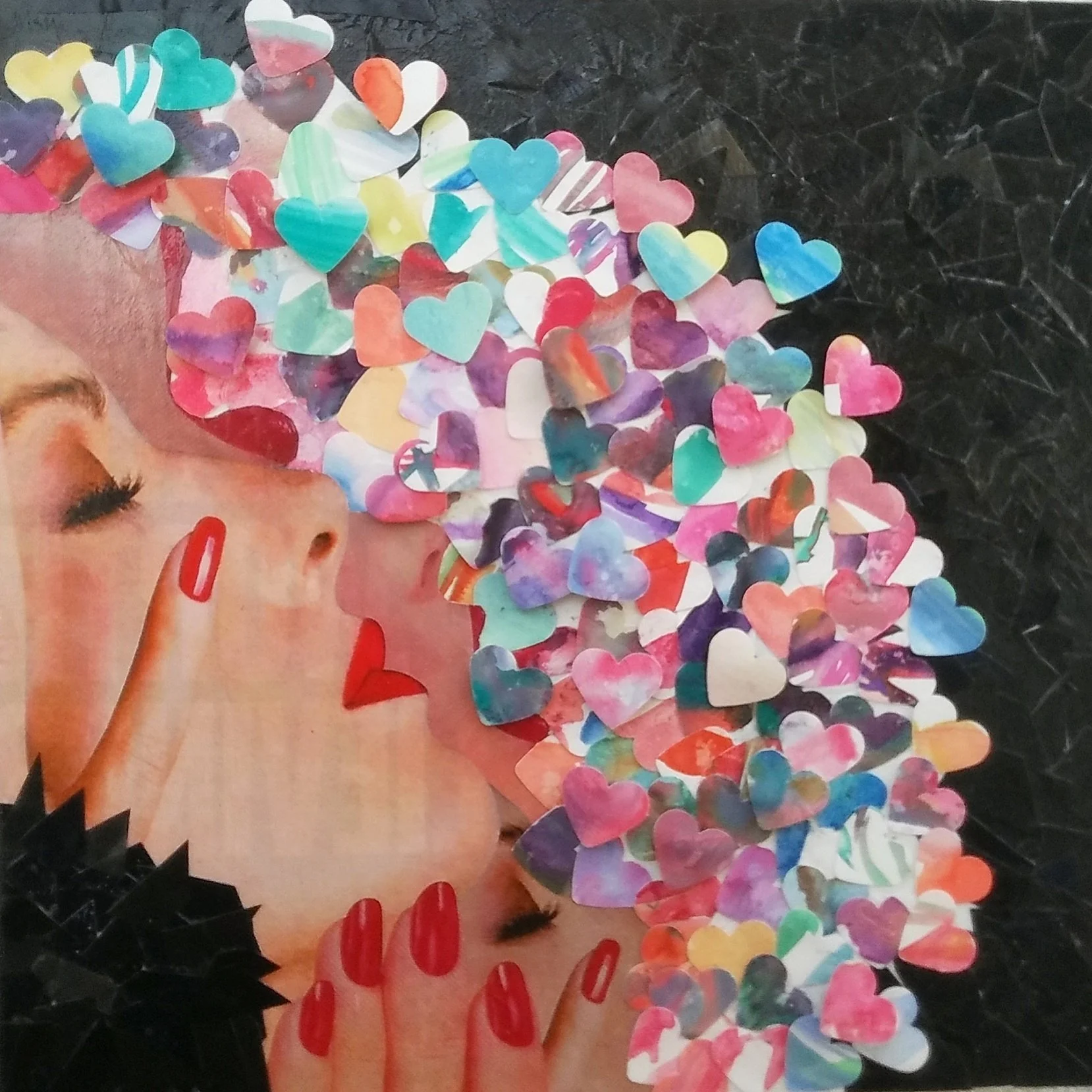 A collage-style artwork of a woman with red nails and makeup, in zodiac-inspired headwear, blowing a stream of multicolored paper hearts.