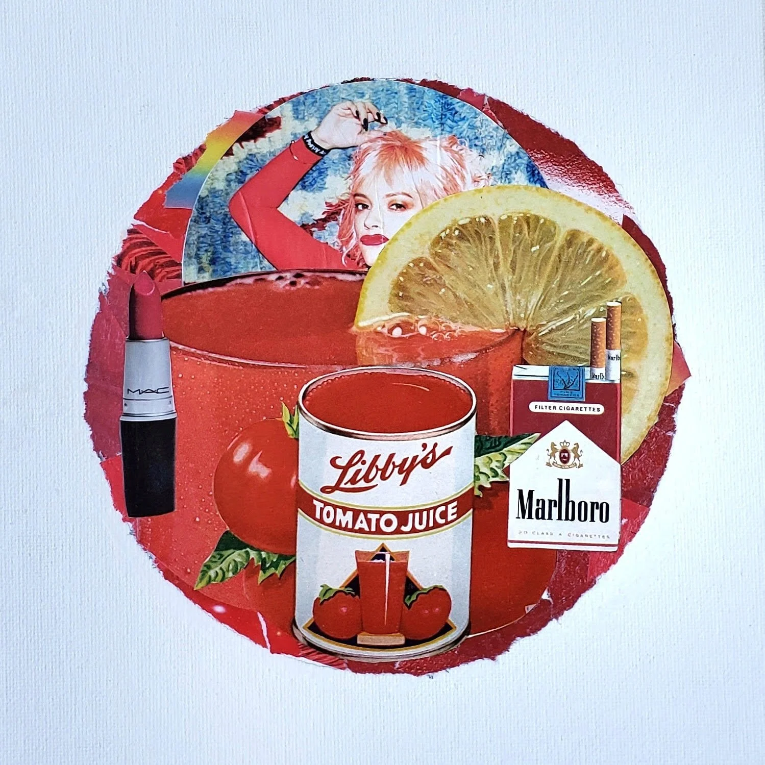 Collage of various items including a photograph of a woman with pink hair, a large slice of lemon, a can of Libby's tomato juice, a lipstick, a pack of Marlboro cigarettes, a pack of filter cigarettes, a tomato, and a red drink in a glass.